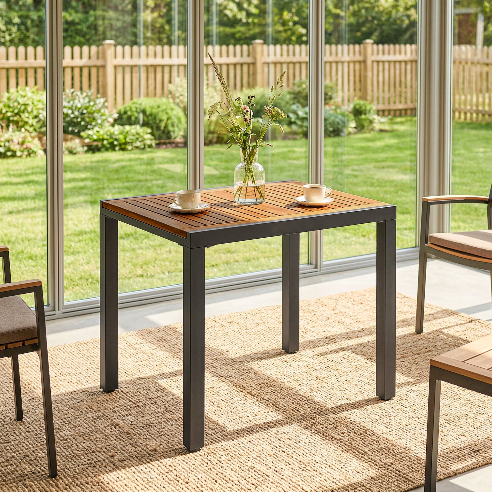 Outsunny Mesa de Jardín Extensible 120/80x70 cm, Mesa de Comedor Exterior Extensible Rectangular con Estructura de Acero y Tablero de Madera de Acacia, para 4-6 Personas, para Patio, Terraza, Natural