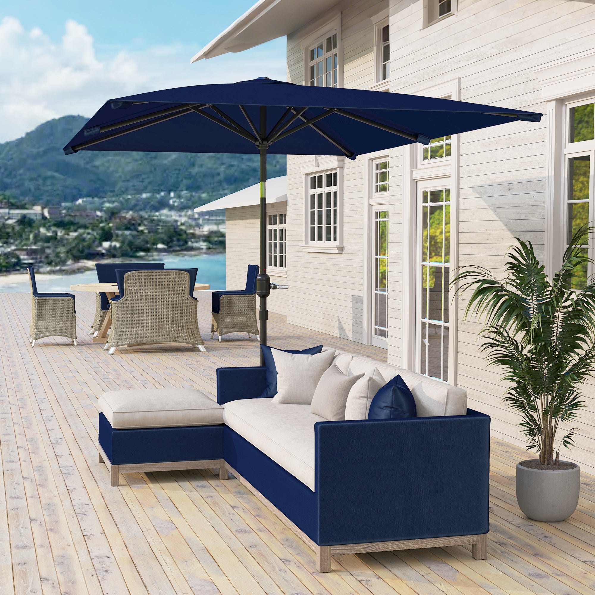 Outsunny Sombrilla de Terraza Exterior, 198x294 cm, Parasol de Terraza Exterior con Ángulo Ajustable, Manivela, Mástil de Aluminio Desmontable y Anti-UV, Sombrilla para Jardín, Patio, Azul Marino