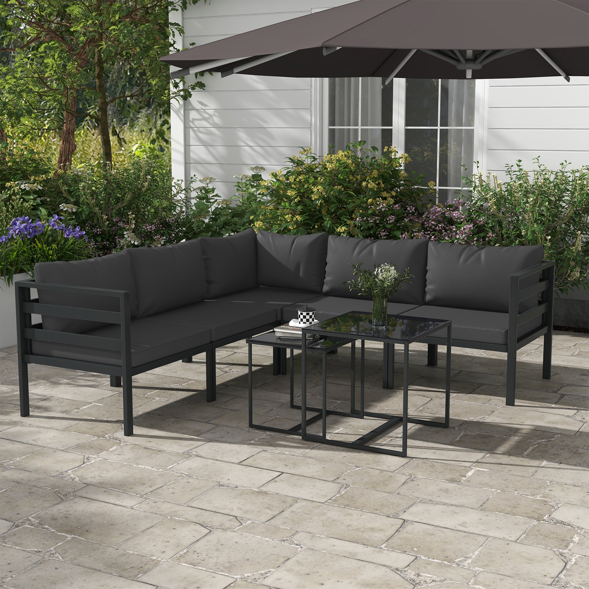 Outsunny Conjunto de Muebles de Jardín 7 Piezas Juego de Muebles de Terraza Incluye 5 Módulos de Sofá de Exterior con Cojines y 2 Mesas de Centro para Patio Gris