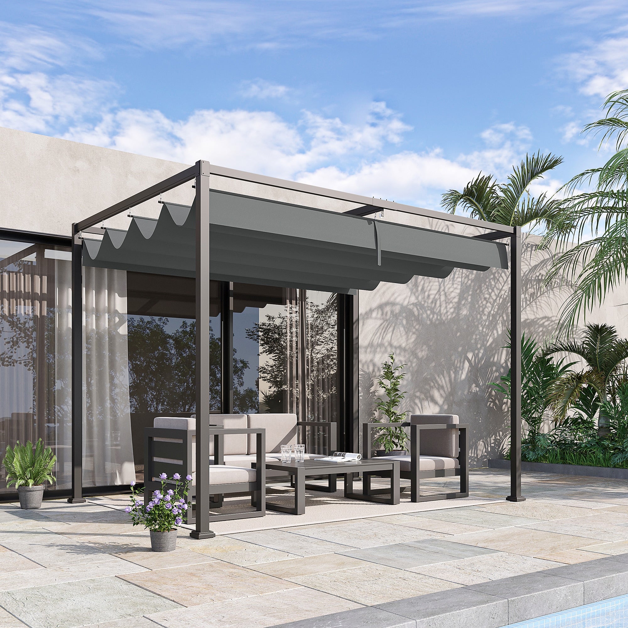 Outsunny Pérgola 3x2 m Cenador de Jardín Pabellón de Diseño Elegante con Techo Retráctil de Poliéster con Recubrimiento Resistente Anti-UV Impermeable para Celebraciones Fiestas Bodas Gris