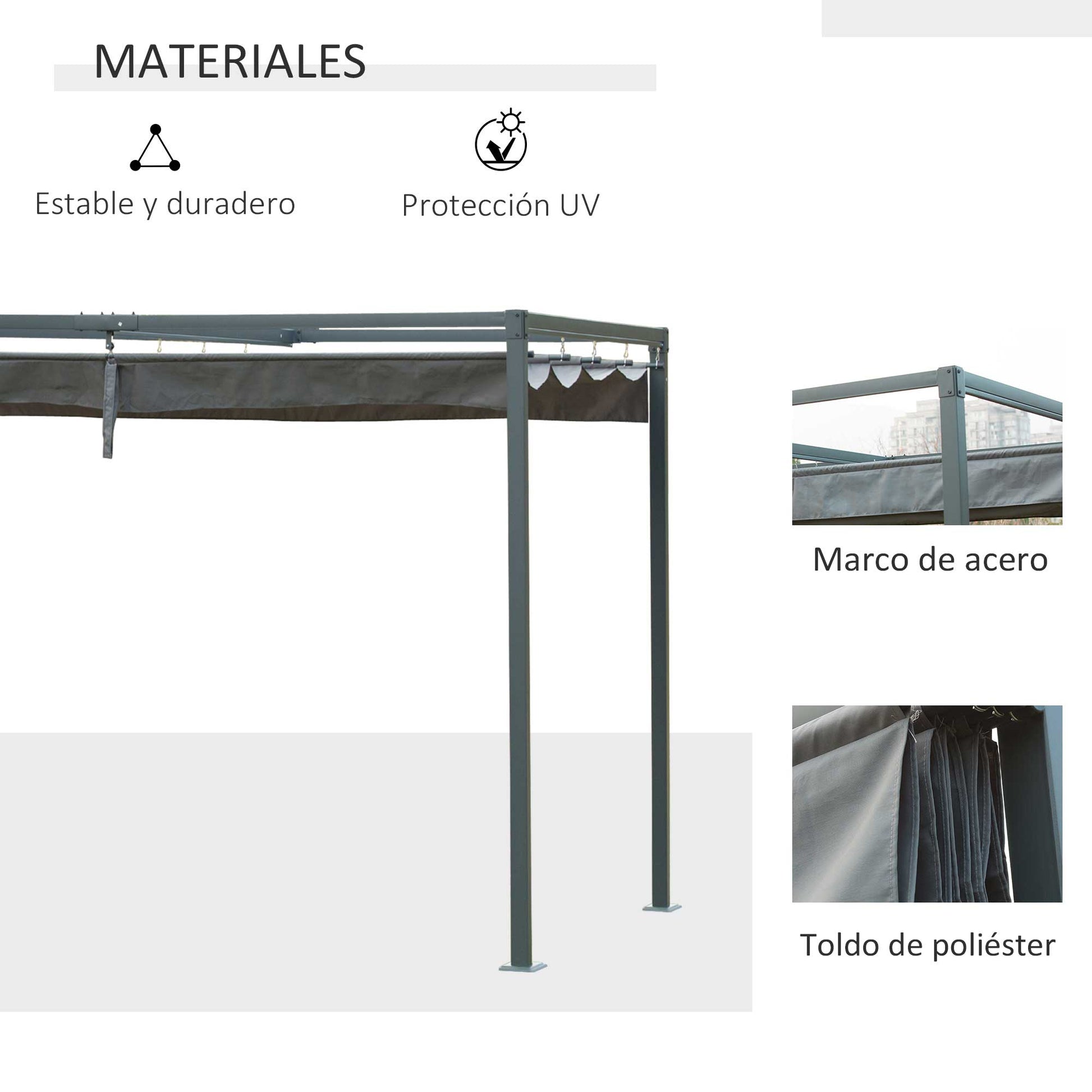 Outsunny Pérgola 3x2 m Cenador de Jardín Pabellón de Diseño Elegante con Techo Retráctil de Poliéster con Recubrimiento Resistente Anti-UV Impermeable para Celebraciones Fiestas Bodas Gris
