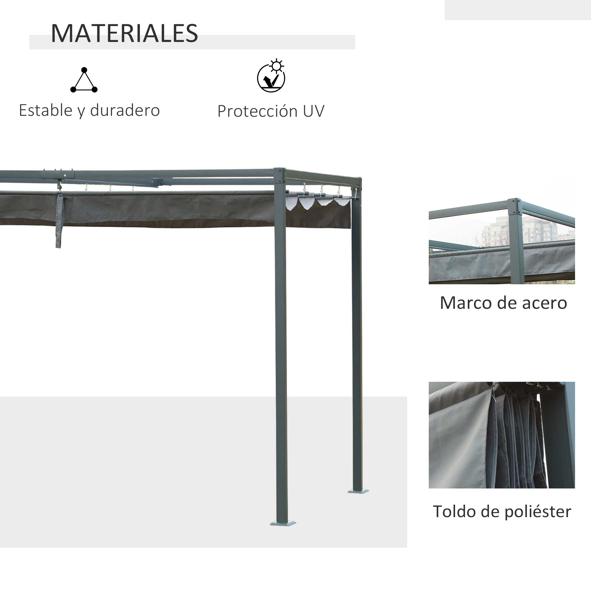 Outsunny Pérgola 3x2 m Cenador de Jardín Pabellón de Diseño Elegante con Techo Retráctil de Poliéster con Recubrimiento Resistente Anti-UV Impermeable para Celebraciones Fiestas Bodas Gris