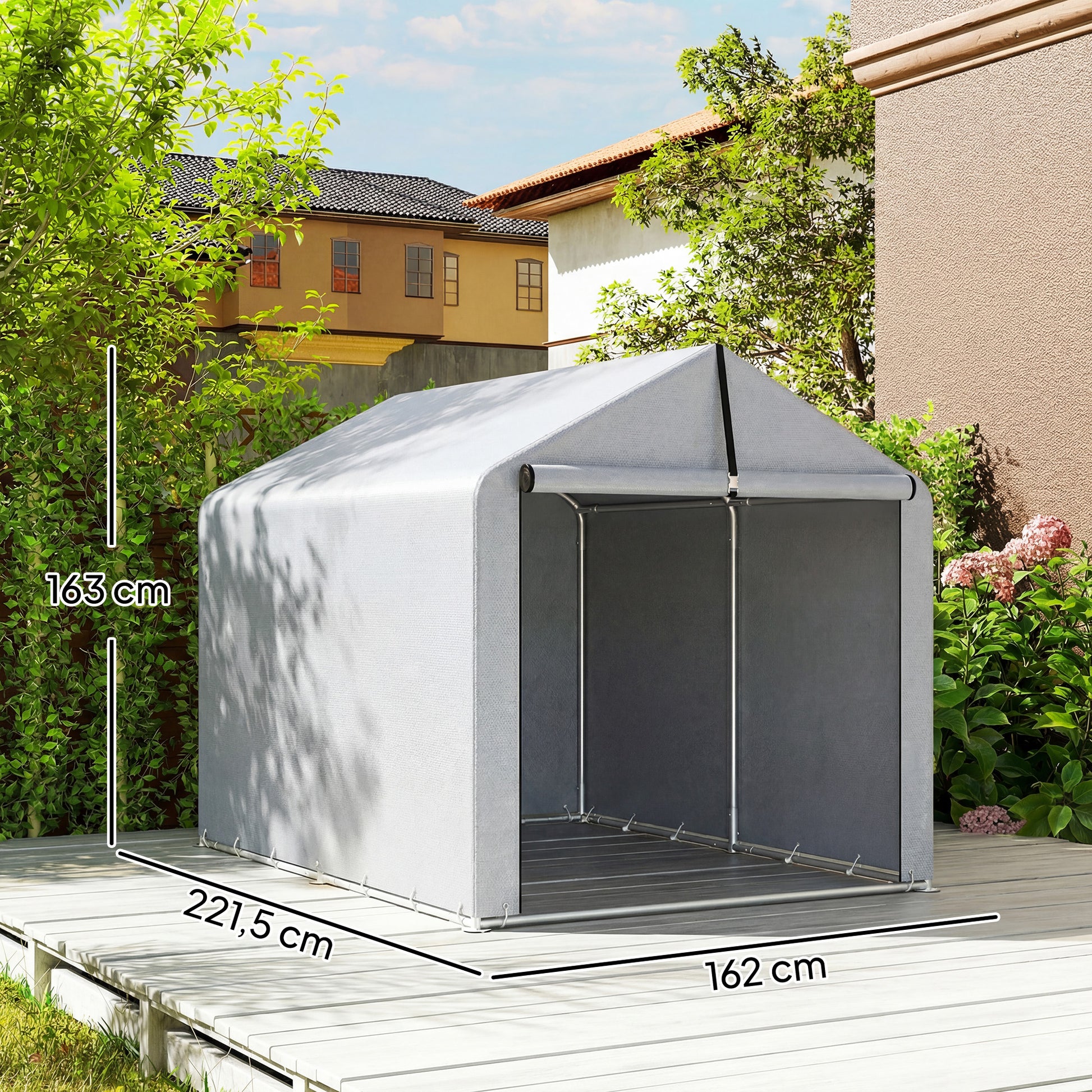 Outsunny Carpa de Jardín Exterior para Herramientas, Bicicletas, 1,6x2,2x1,6 m, Cobertizo Exterior con Marco de Acero Galvanizado, Puerta Enrollable, Impermeable, Anti-UV, Garaje Portátil, Gris