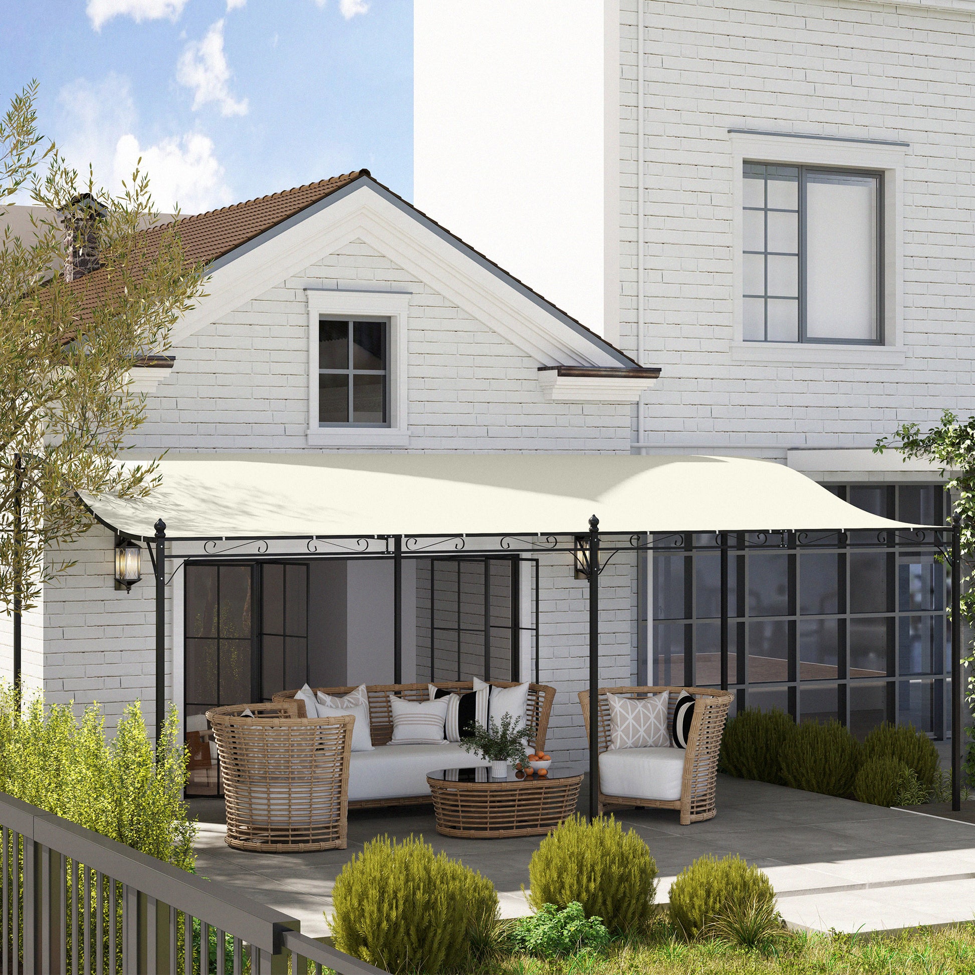 Outsunny Pérgola de Pared de Jardín 3x6 m, Cenador de Jardín con Techo Inclinado, Orificios de Drenaje y Estructura Metálica, Resistente a la Intemperie, para Patio, Terraza, Balcón, Blanco Crema