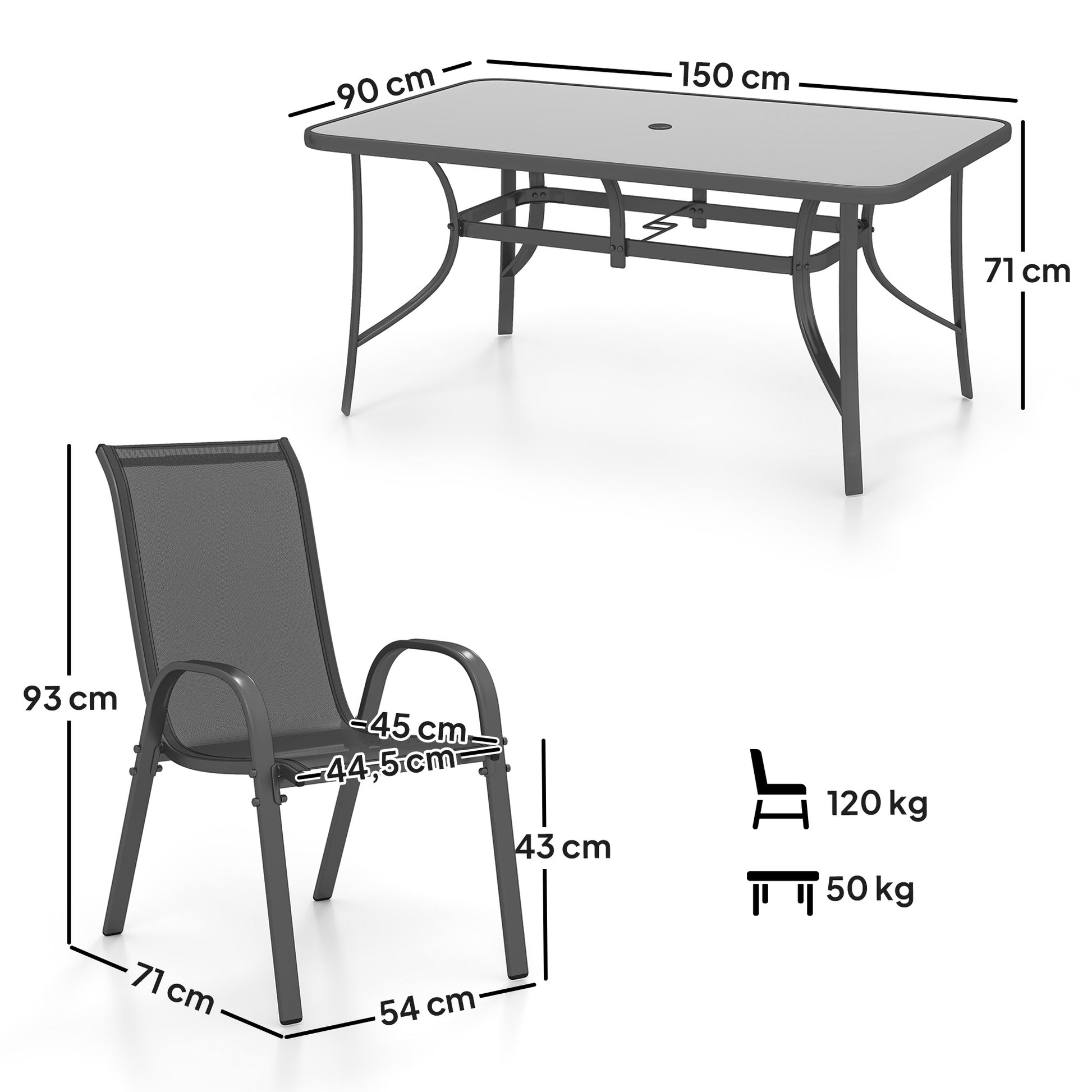 Outsunny Conjunto de Mesa y Sillas Jardín de 7 Piezas, Muebles de Jardín Exterior con Mesa y 6 Sillas para Terraza con Orificio para Sombrilla y Encimera de Cristal, para Terraza Patio, Gris Oscuro