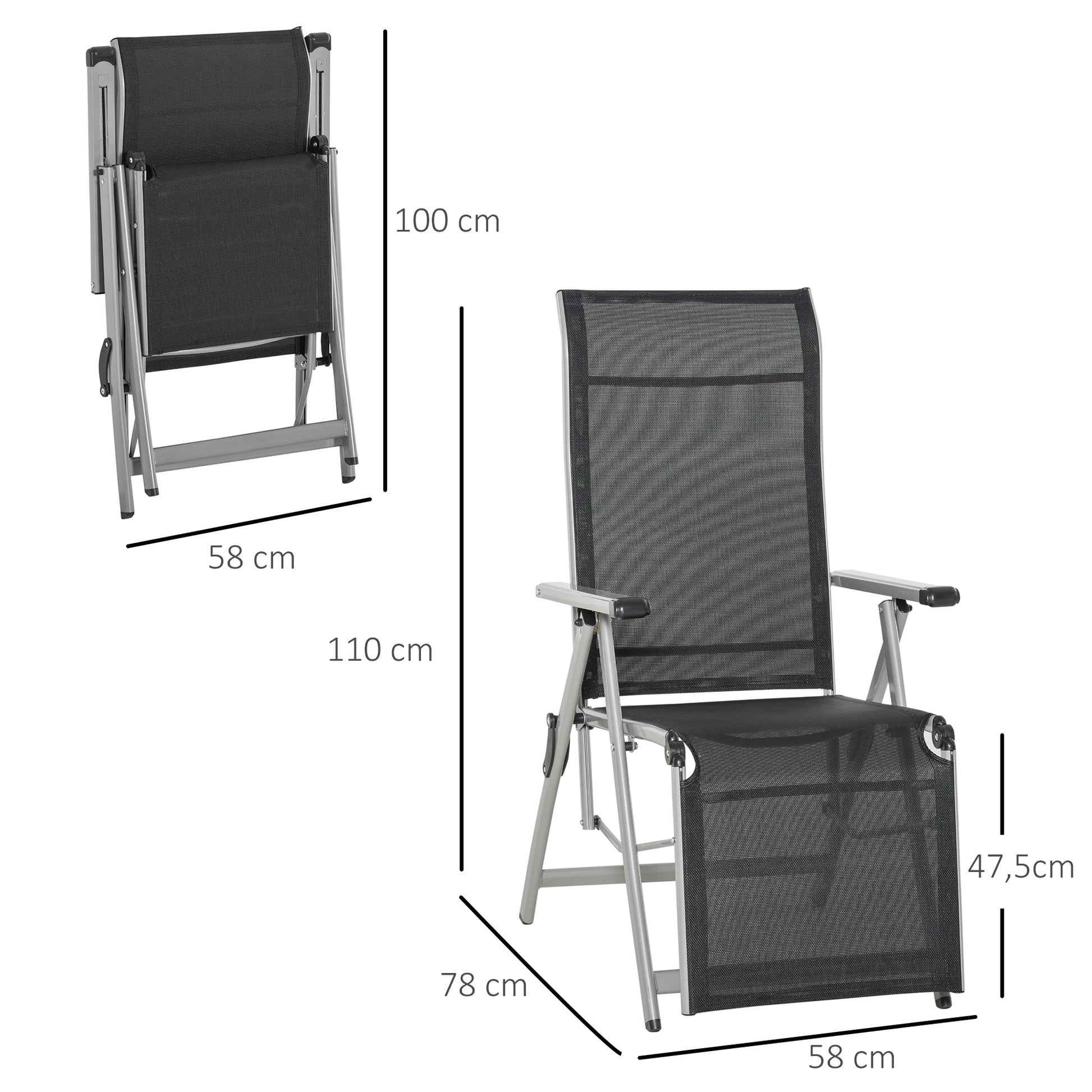 Outsunny Conjunto de 2 Tumbonas Reclinables y Plegables Tumbonas de Jardín con Respaldo y Reposapiés Ajustable en 10 Posiciones Carga 120 kg 78x58x110 cm Negro