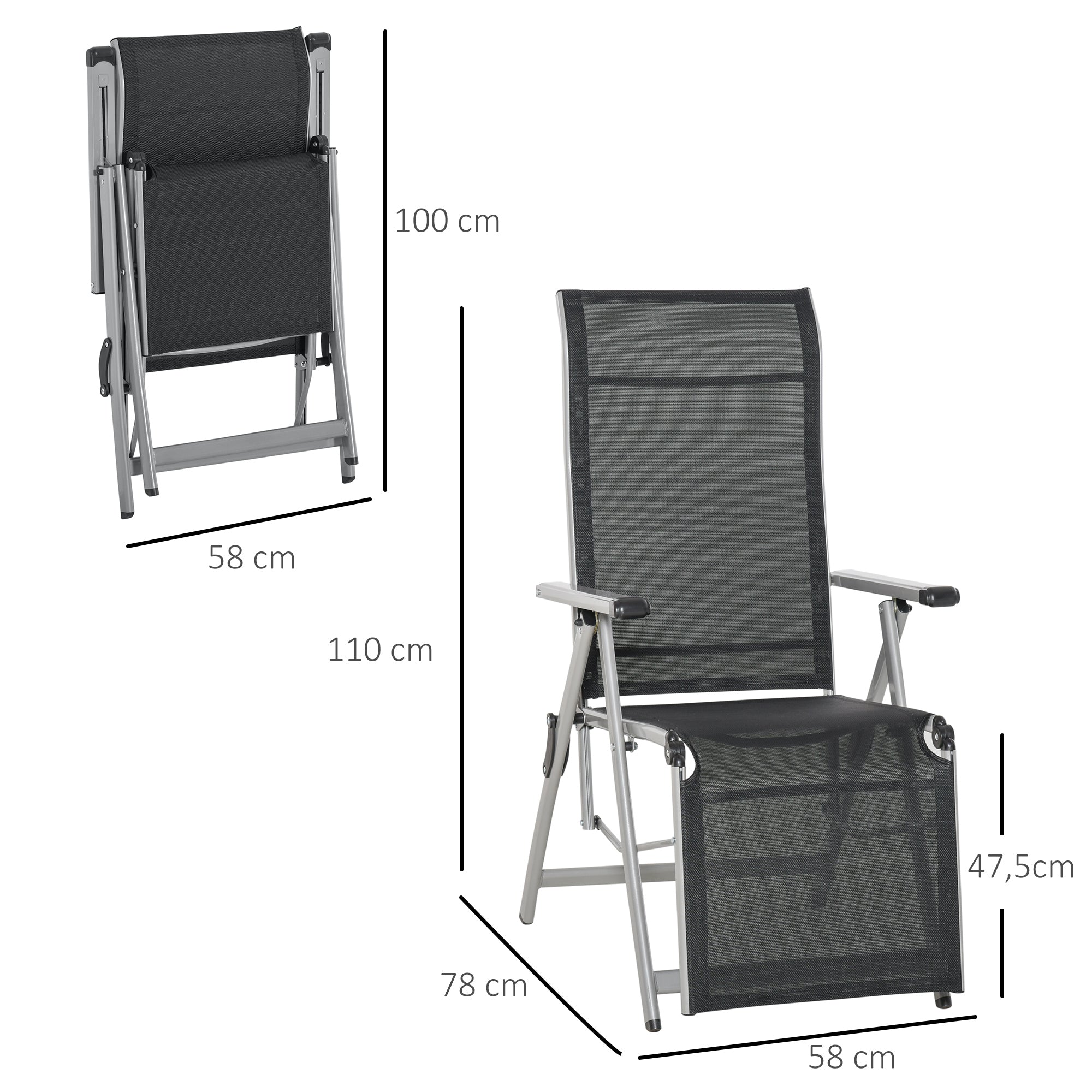 Outsunny Conjunto de 2 Tumbonas Reclinables y Plegables Tumbonas de Jardín con Respaldo y Reposapiés Ajustable en 10 Posiciones Carga 120 kg 78x58x110 cm Negro