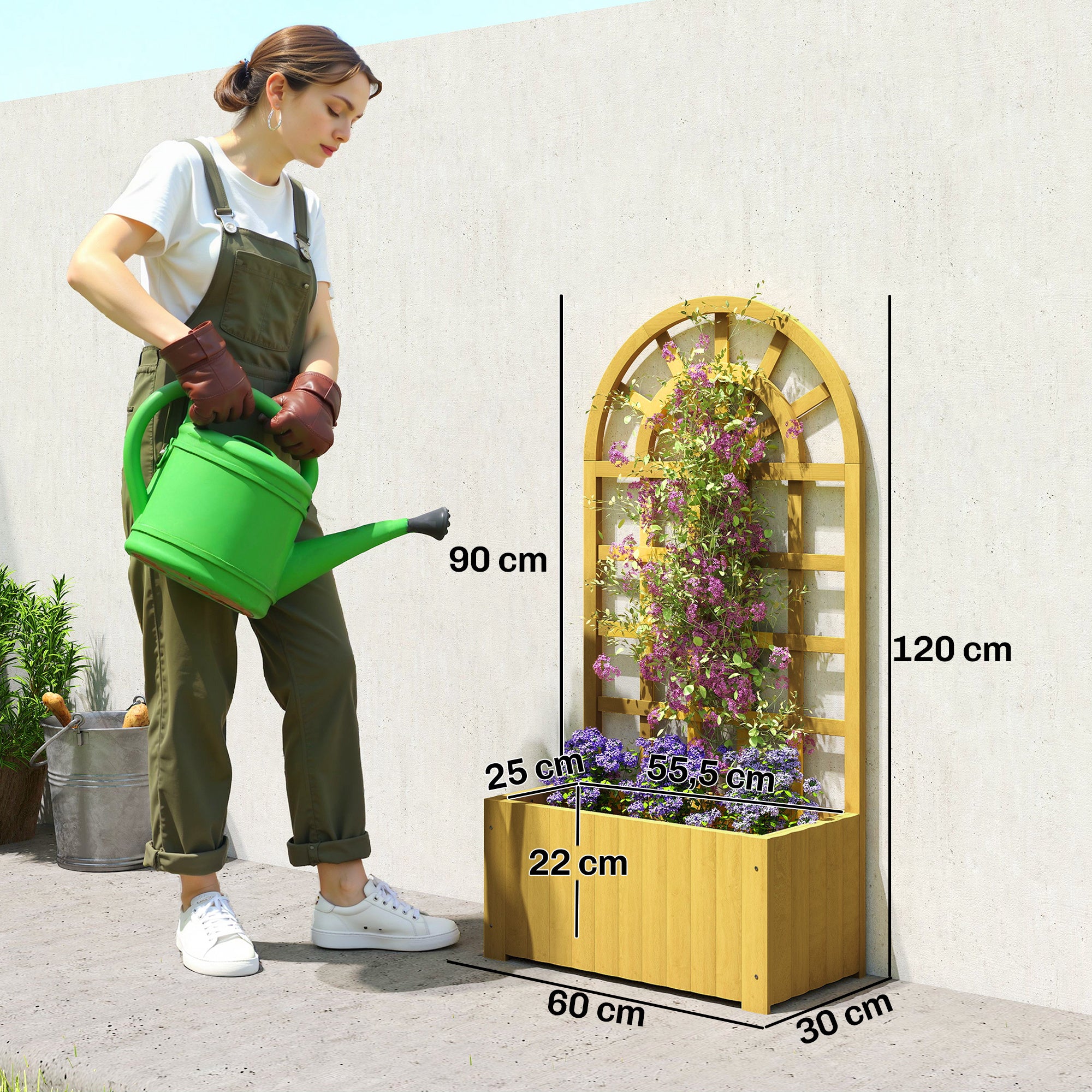 Outsunny Jardinera con Enrejado de Madera, Jardinera Exterior Grande para Plantas Trepadoras, con Ofricios de Drenaje, Macetero Elevado para Jardín, Patio, Terraza, 60x30x120 cm, Natural