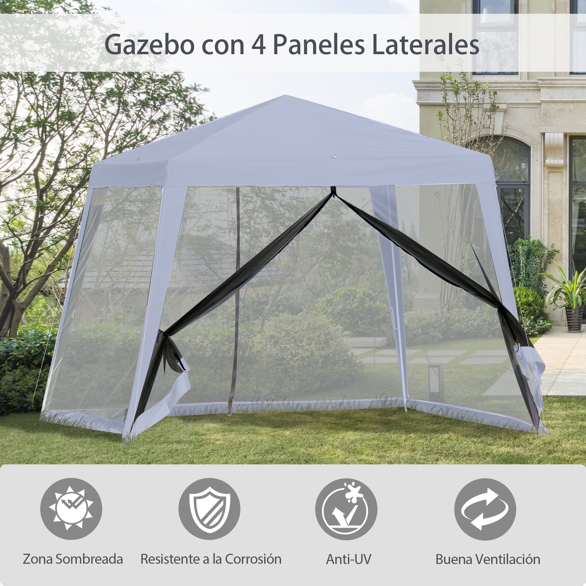 Outsunny Carpa de Jardín 3x3 m Cenador con 4 Partes Laterales Mosquitera con Cremallera Protección UV Impermeable para Patio Exterior Eventos Fiesta Gris