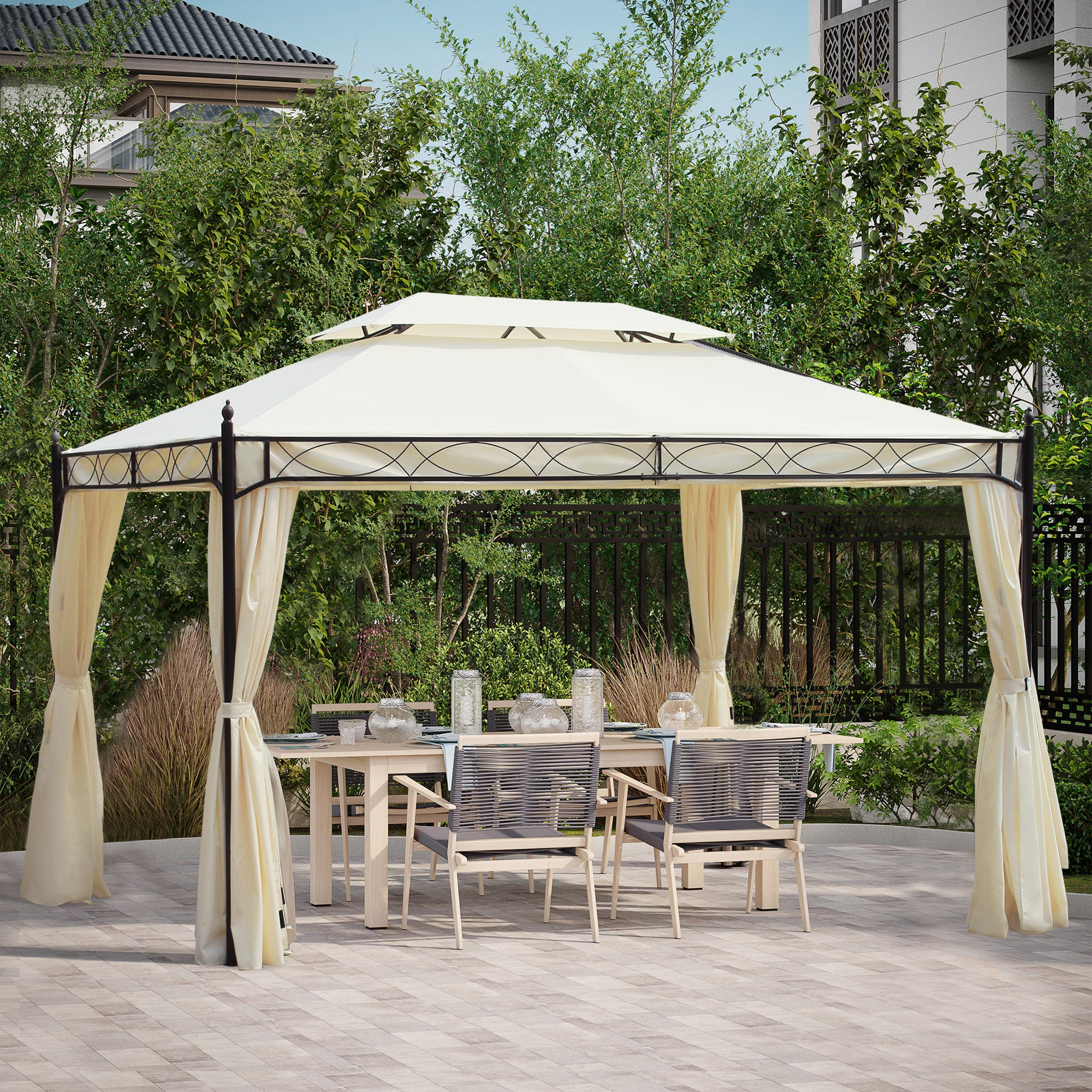 Outsunny Cenador de Jardín 4x3 m, Pabellón de Jardín Gazebo con Doble Techo, 4 Cortinas, Marco de Acero, 8 Orificios de Drenaje, Anti-UV, Carpa para Exterior, Terraza, Patio, Blanco Crema