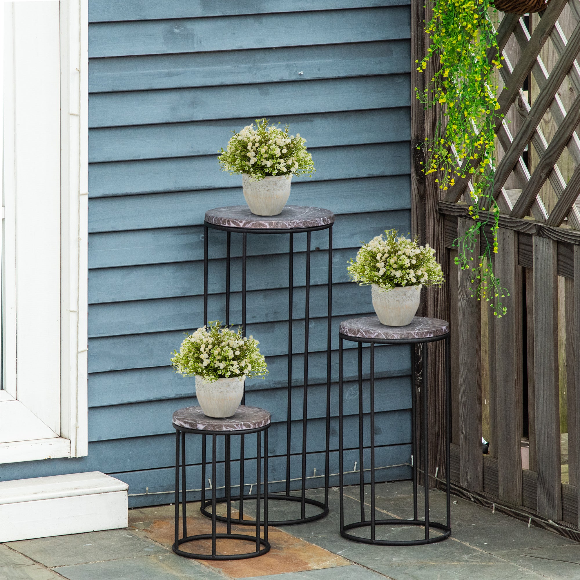 Outsunny Soportes para Plantas de Metal 3 Piezas Apilables Estantes Porta Macetas Decorativos con Efecto de Mármol para Interiores y Exteriores Ø30,5x70,5 cm Gris y Negro