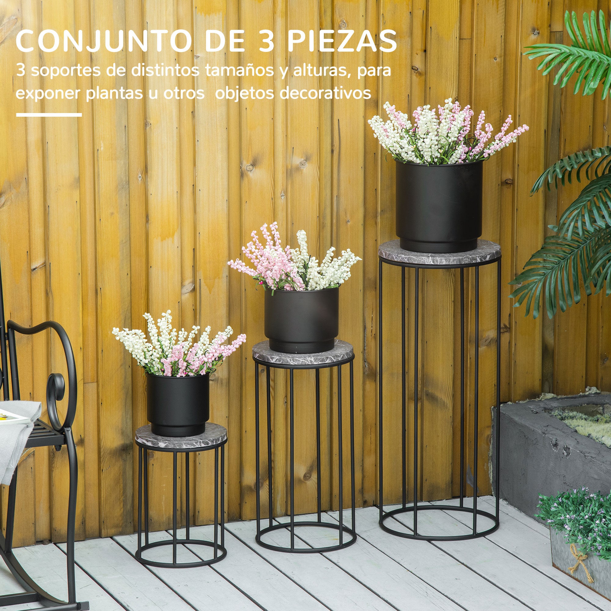 Outsunny Soportes para Plantas de Metal 3 Piezas Apilables Estantes Porta Macetas Decorativos con Efecto de Mármol para Interiores y Exteriores Ø30,5x70,5 cm Gris y Negro