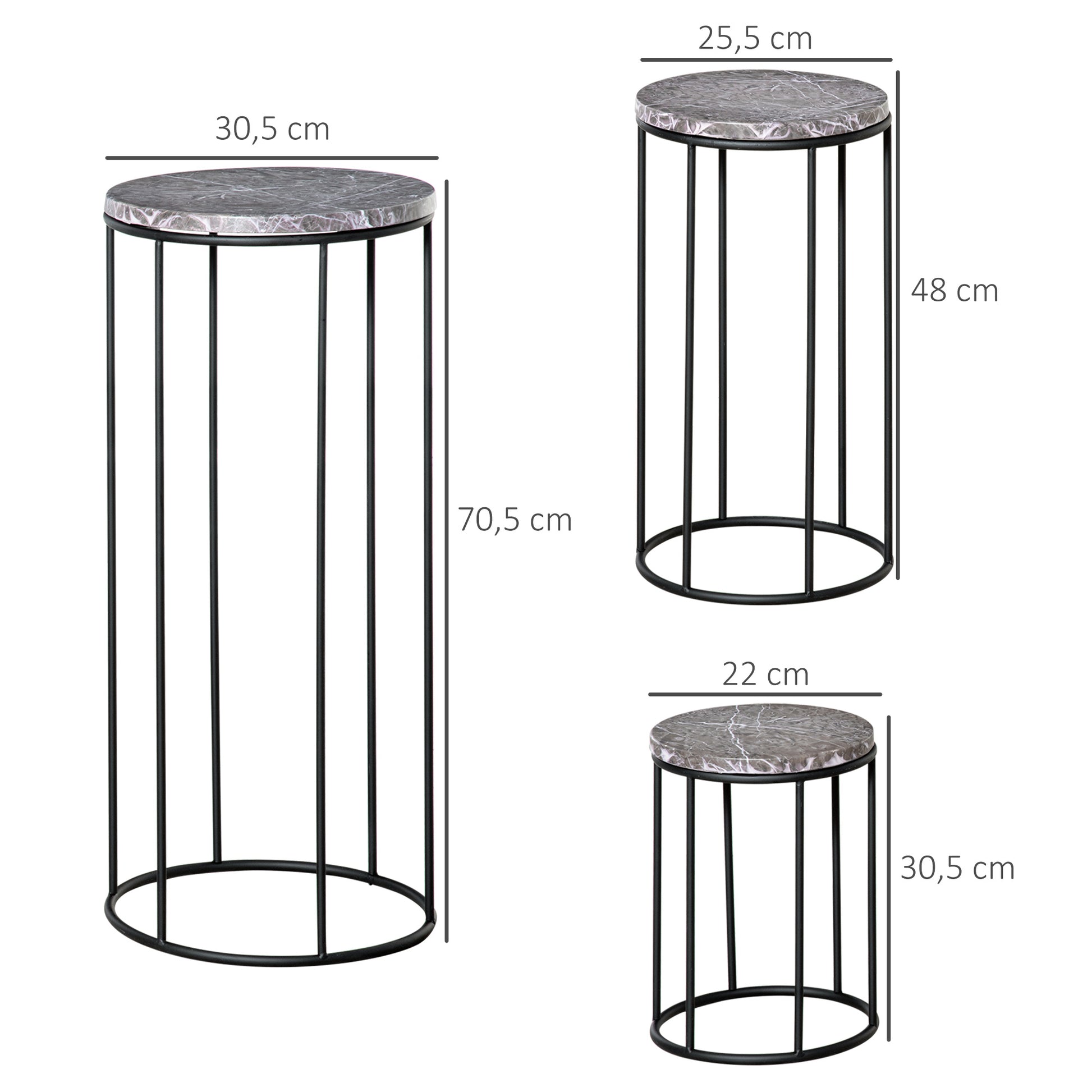 Outsunny Soportes para Plantas de Metal 3 Piezas Apilables Estantes Porta Macetas Decorativos con Efecto de Mármol para Interiores y Exteriores Ø30,5x70,5 cm Gris y Negro
