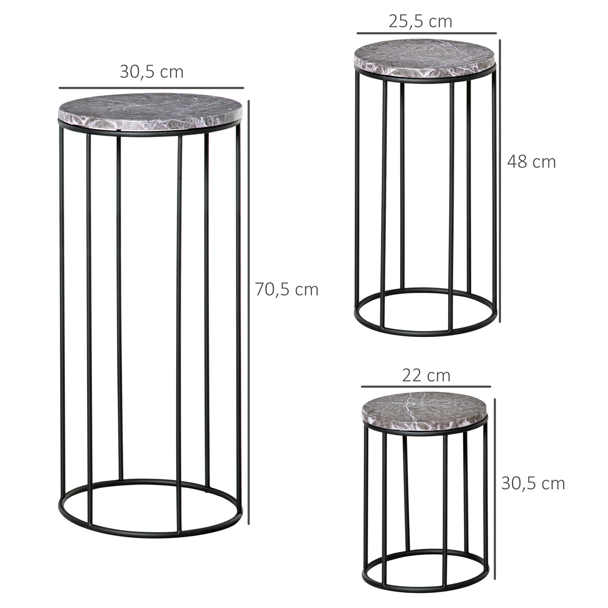 Outsunny Soportes para Plantas de Metal 3 Piezas Apilables Estantes Porta Macetas Decorativos con Efecto de Mármol para Interiores y Exteriores Ø30,5x70,5 cm Gris y Negro