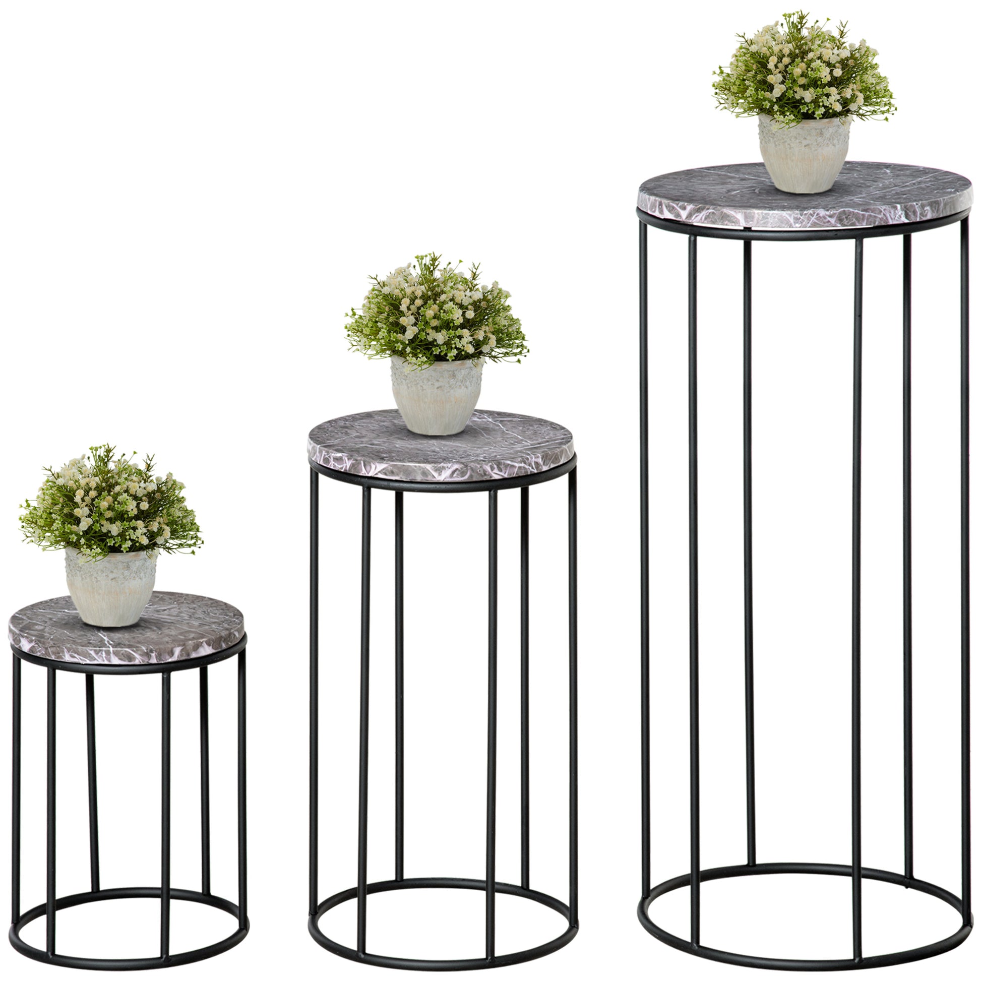 Outsunny Soportes para Plantas de Metal 3 Piezas Apilables Estantes Porta Macetas Decorativos con Efecto de Mármol para Interiores y Exteriores Ø30,5x70,5 cm Gris y Negro