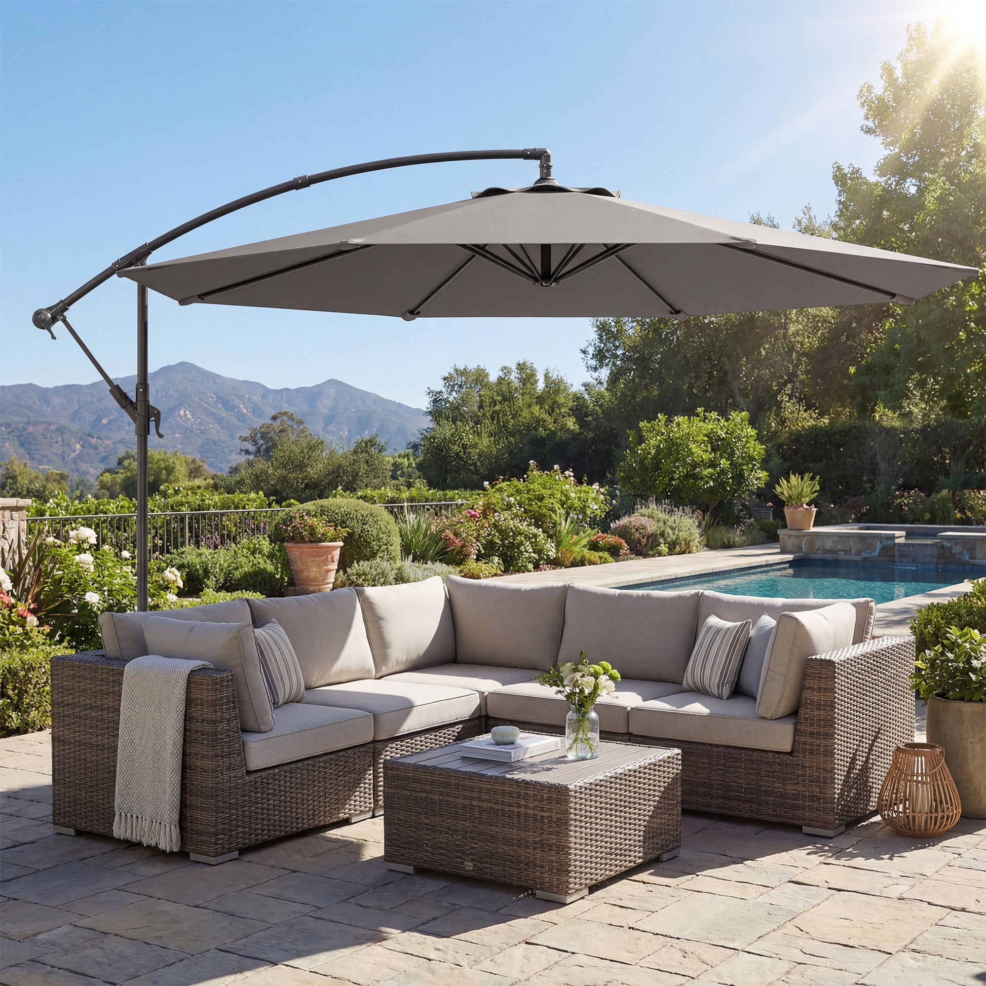 Outsunny Parasol Excéntrico, Ø300 cm, Sombrilla de Jardín con Base Cruzada, Toldo Ajustable, Manivela, 8 Barras, UPF30+, para Terraza, Patio, Exterior, Gris
