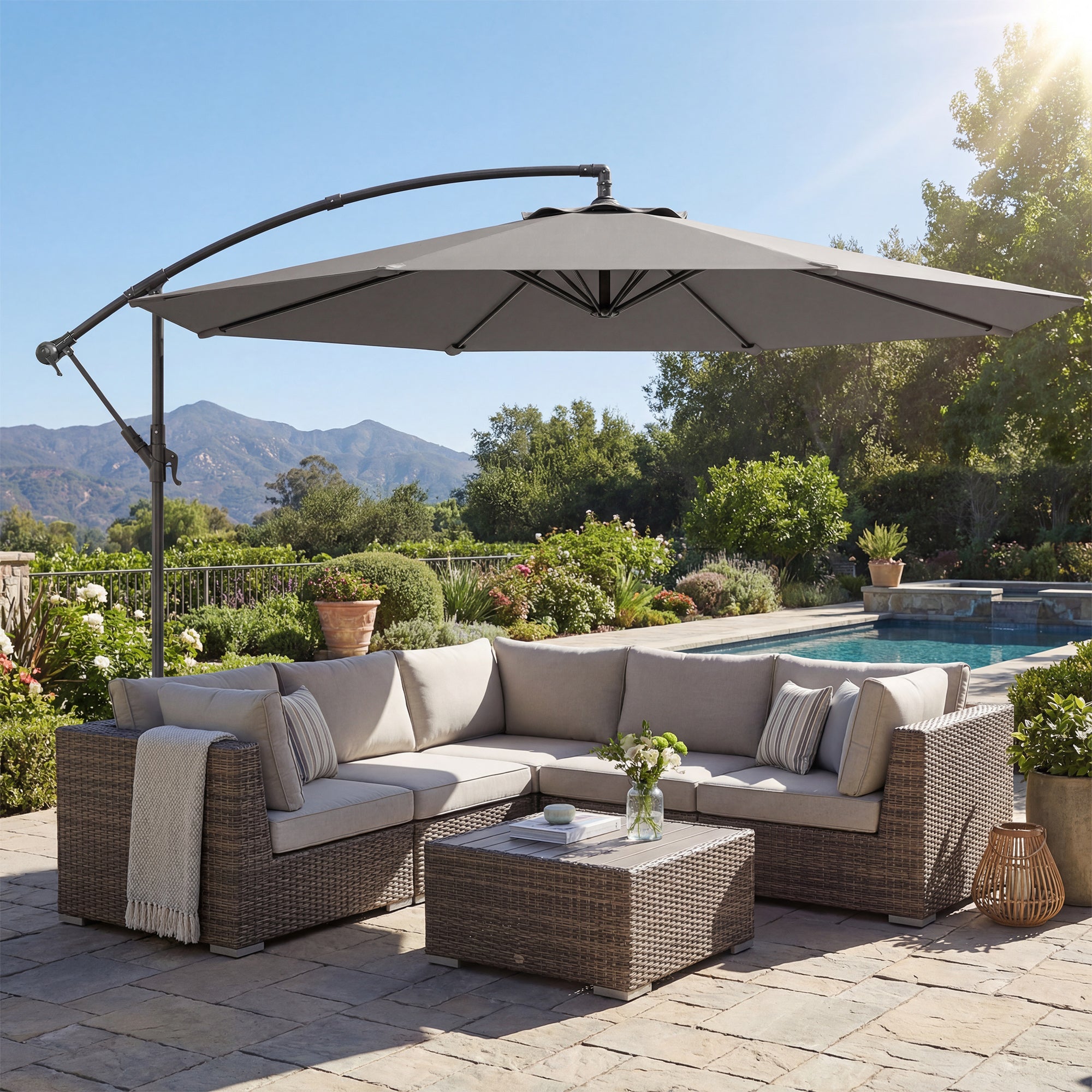 Outsunny Parasol Excéntrico, Ø300 cm, Sombrilla de Jardín con Base Cruzada, Toldo Ajustable, Manivela, 8 Barras, UPF30+, para Terraza, Patio, Exterior, Gris