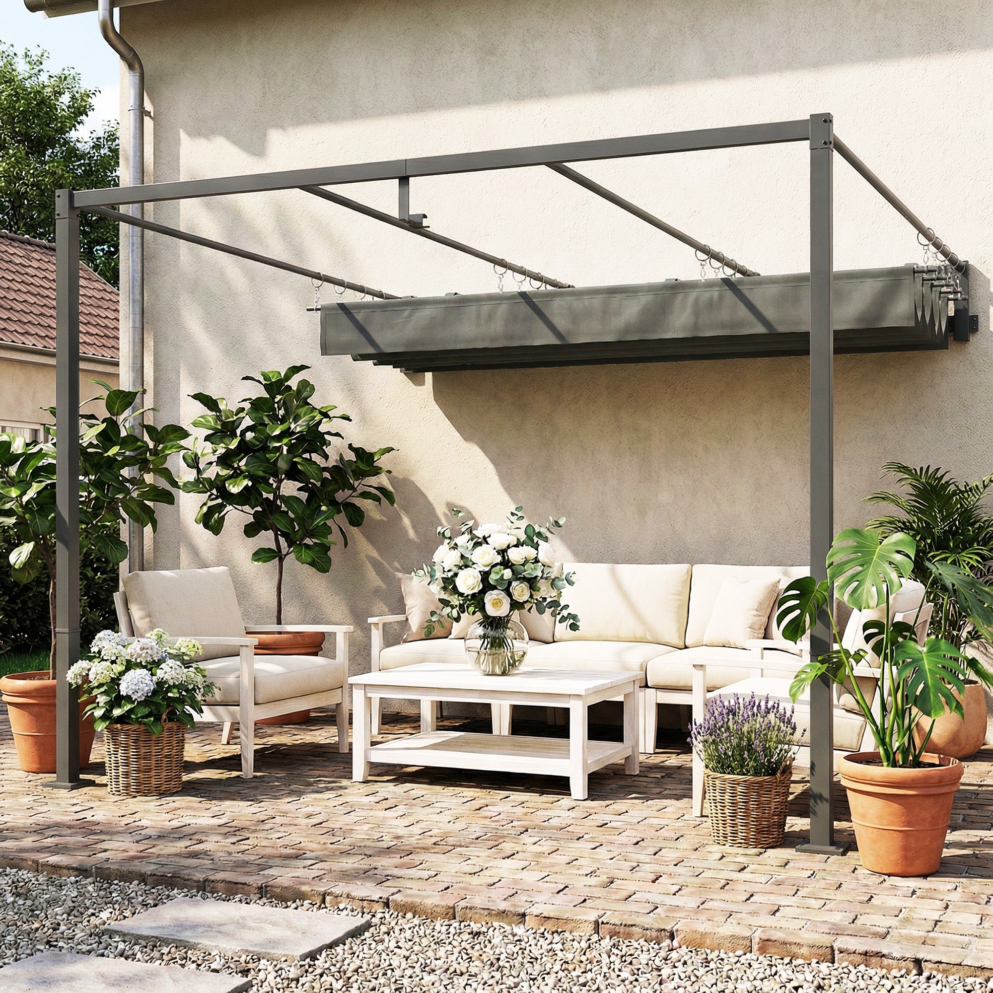 Outsunny Pérgola de Pared de Jardín 3x3 m, Cenador de Jardín con Techo Retráctil, Protección UPF30+, Orificios de Drenaje y Estructura de Acero, Pabellón para Patio, Terraza, Exterior, Gris Oscuro