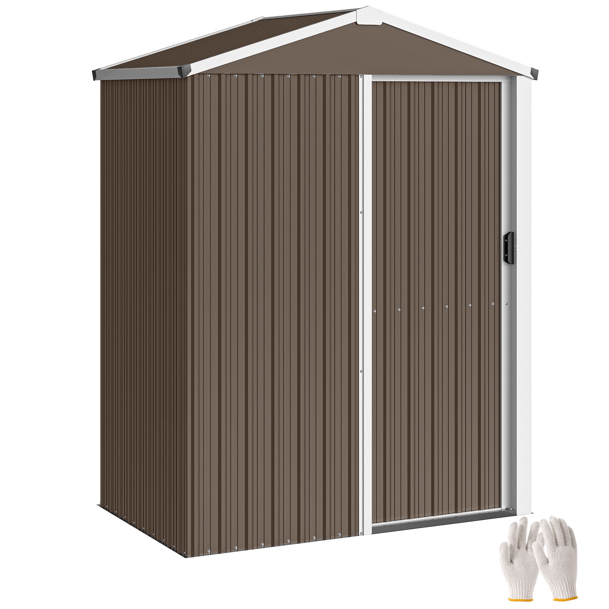 Outsunny Caseta de Jardín Exterior 1,1 m², 136x87x179 cm, Cobertizo de Jardín Exterior Metálico con Puerta Corredera, Techo Inclinado y Guantes, para Almacenaje de Herramientas Bicicletas, Marrón