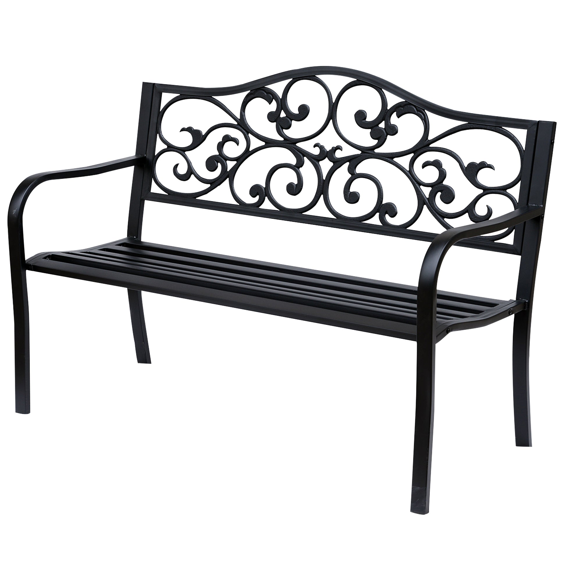 Outsunny Banco de Jardín de Acero Banco Exterior con Respaldo y Reposabrazos Carga 240 kg para Patio Terraza Balcón 127x60x89 cm Negro
