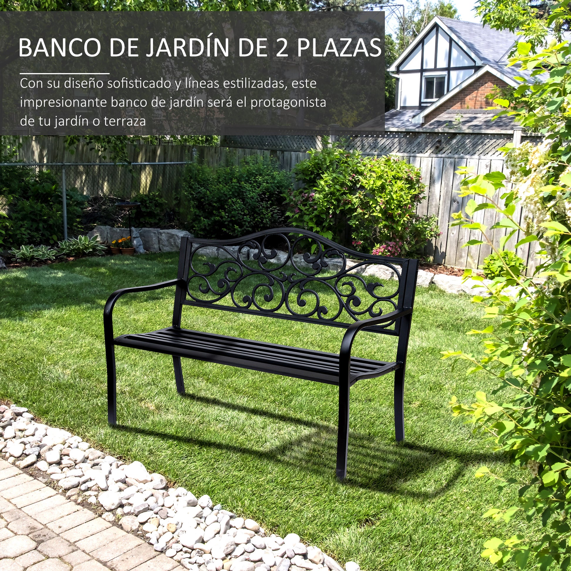 Outsunny Banco de Jardín de Acero Banco Exterior con Respaldo y Reposabrazos Carga 240 kg para Patio Terraza Balcón 127x60x89 cm Negro