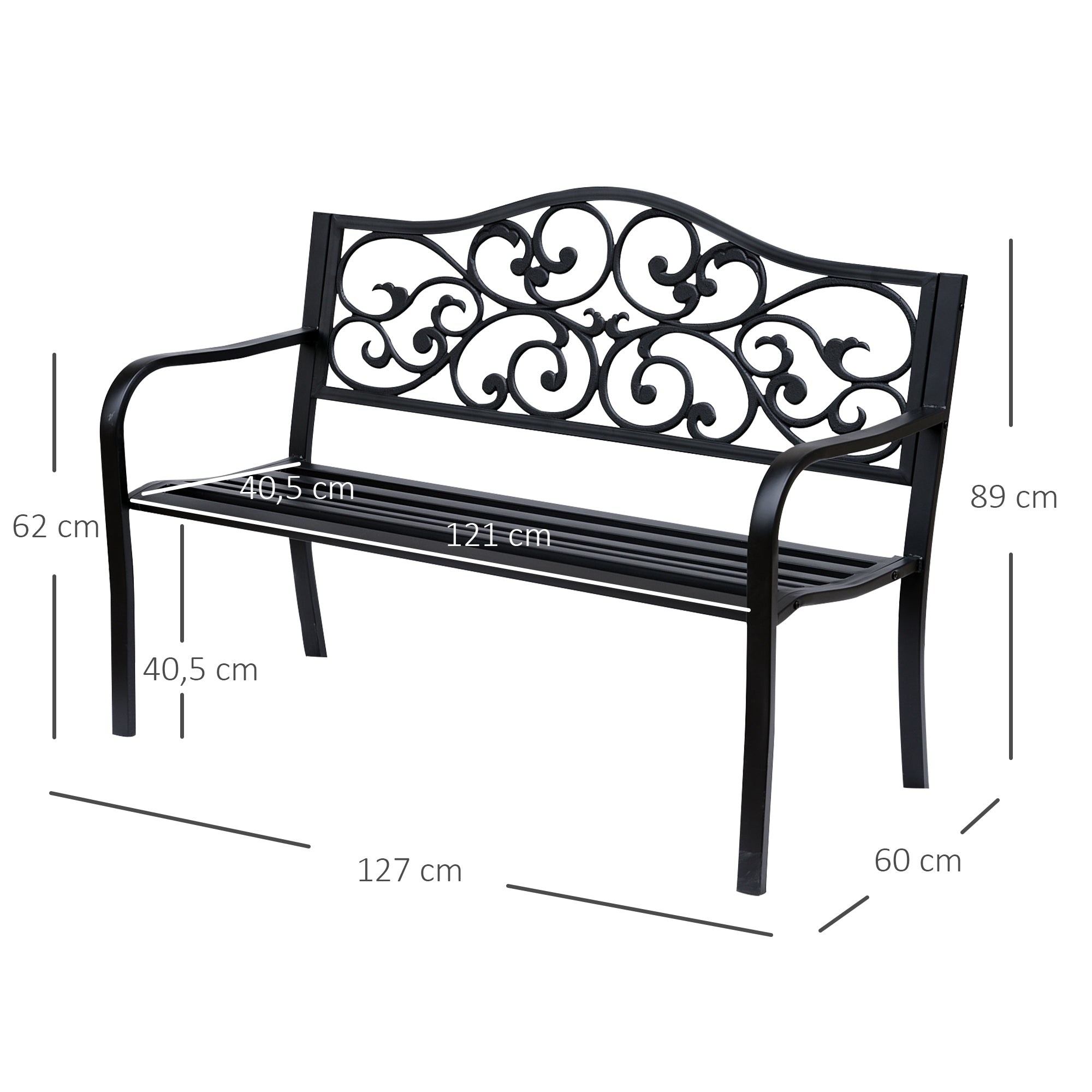 Outsunny Banco de Jardín de Acero Banco Exterior con Respaldo y Reposabrazos Carga 240 kg para Patio Terraza Balcón 127x60x89 cm Negro
