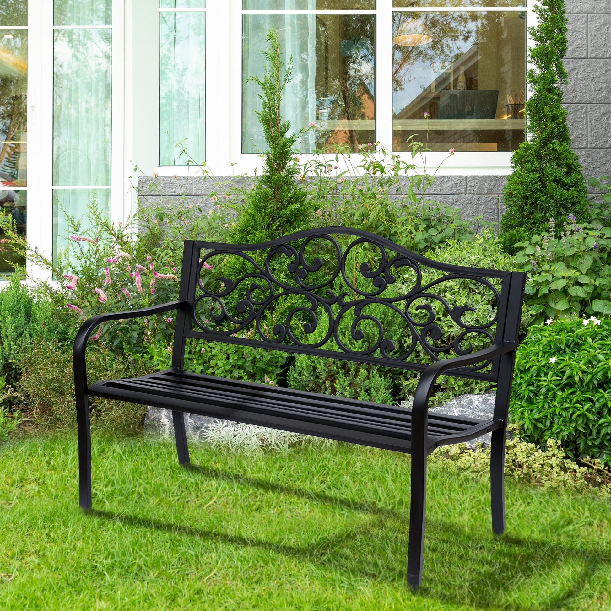 Outsunny Banco de Jardín de Acero Banco Exterior con Respaldo y Reposabrazos Carga 240 kg para Patio Terraza Balcón 127x60x89 cm Negro