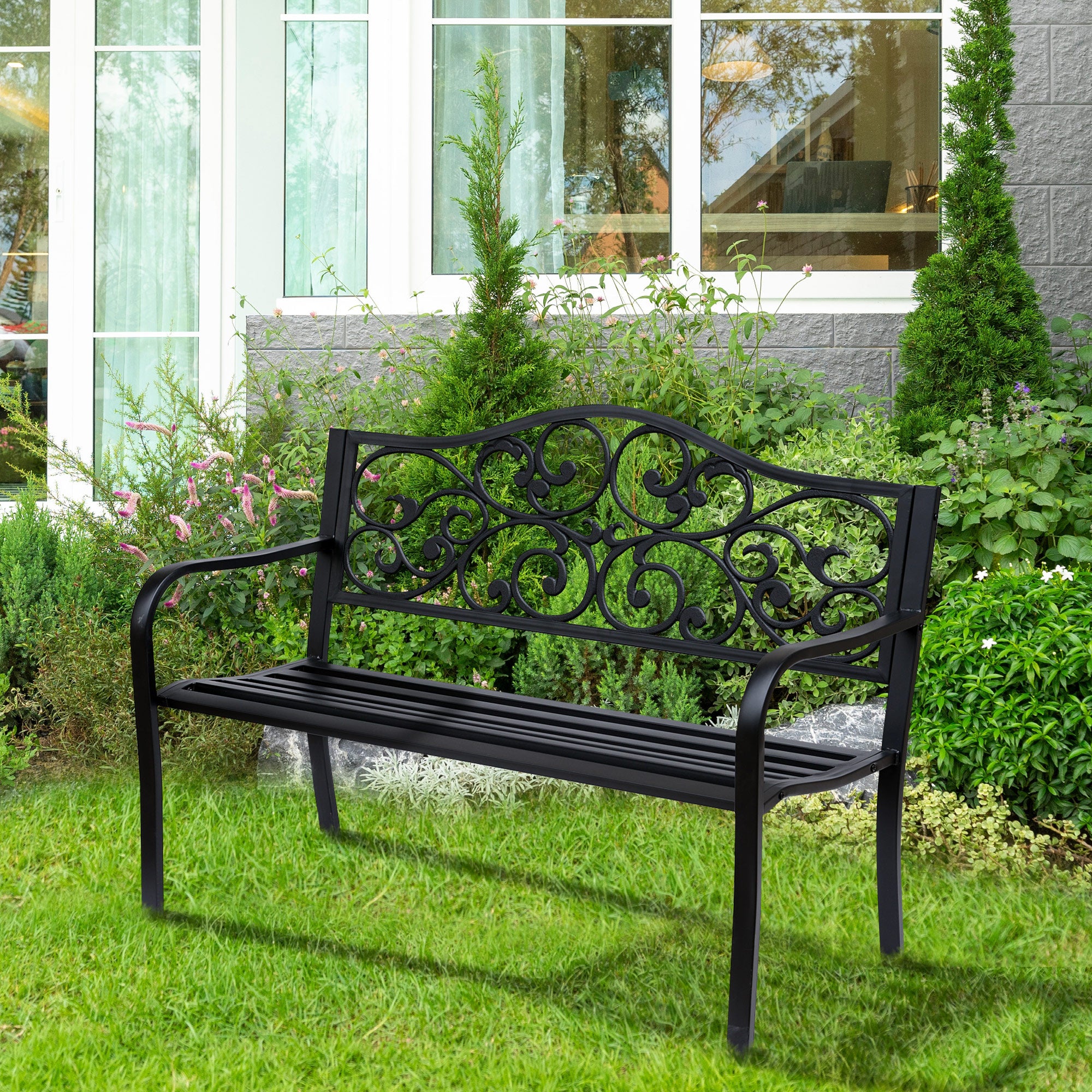 Outsunny Banco de Jardín de Acero Banco Exterior con Respaldo y Reposabrazos Carga 240 kg para Patio Terraza Balcón 127x60x89 cm Negro