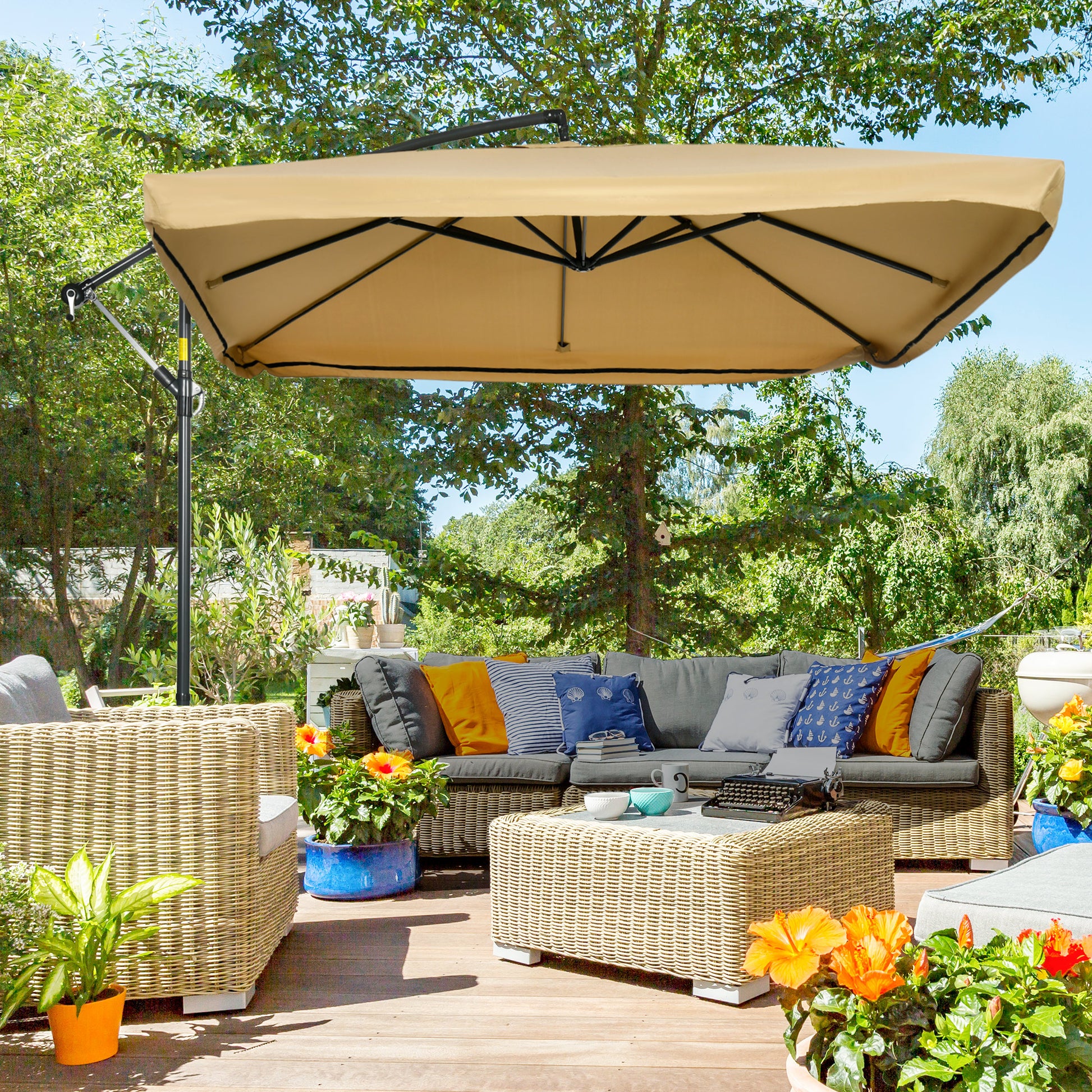 Outsunny Parasol Excéntrico Ø 295 cm Sombrilla de Jardín con Ángulo Ajustable Mosquiteras Base Cruzada y Manivela para Terraza Patio Exterior Beige