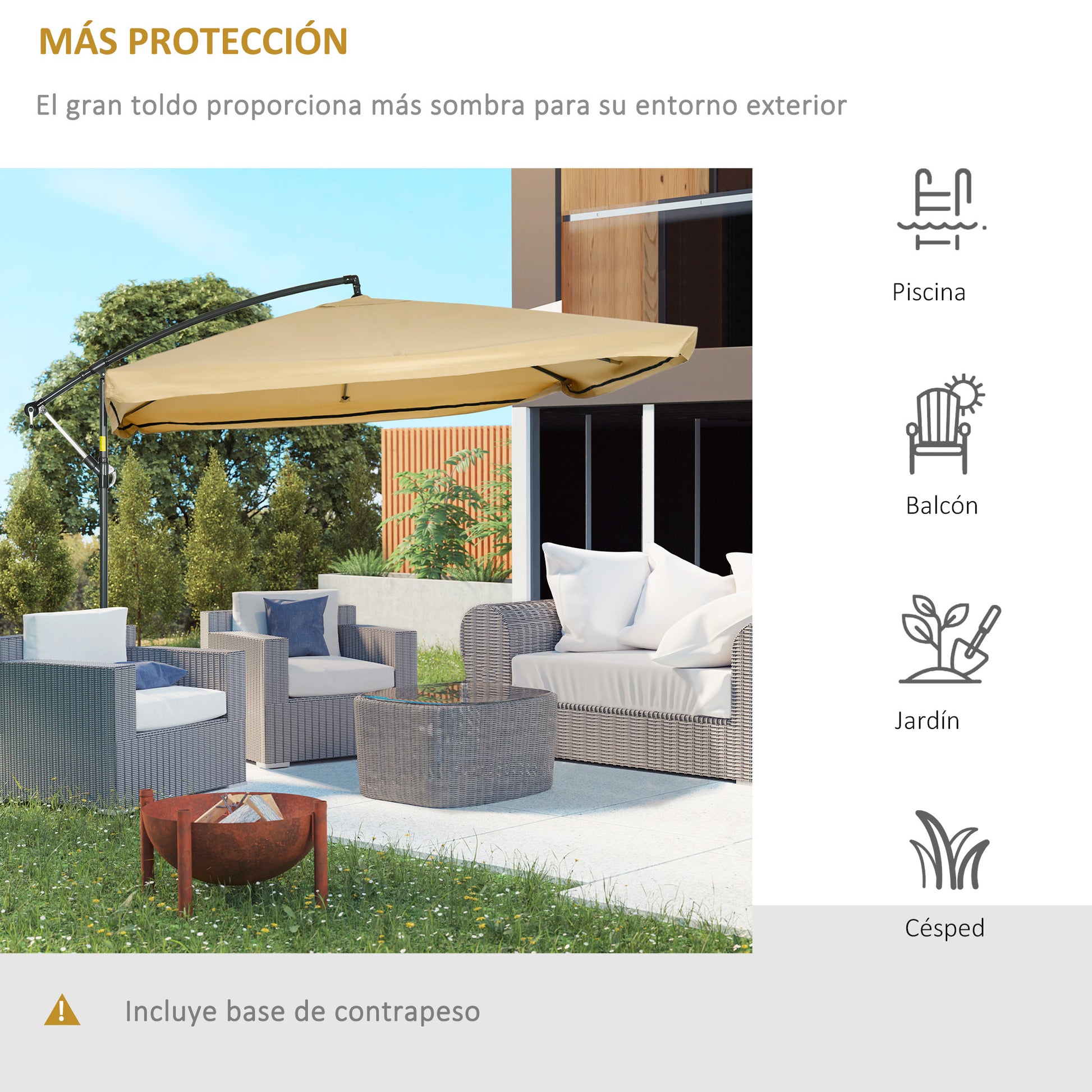 Outsunny Parasol Excéntrico Ø 295 cm Sombrilla de Jardín con Ángulo Ajustable Mosquiteras Base Cruzada y Manivela para Terraza Patio Exterior Beige
