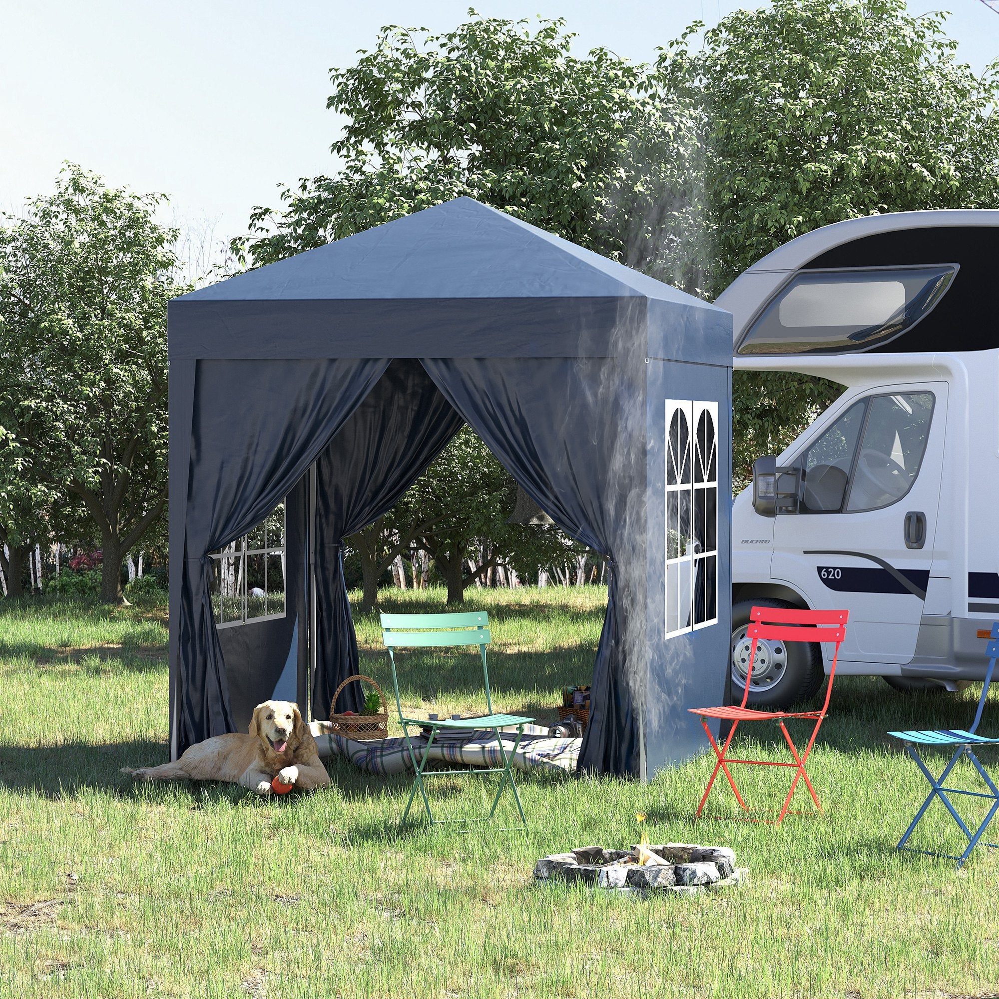 Outsunny Carpa Plegable Pop-up Gazebo 2x2 m Cenador Plegable con 4 Paredes Laterales Anti-UV y Bolsa de Transporte para Camping Fiestas Azul