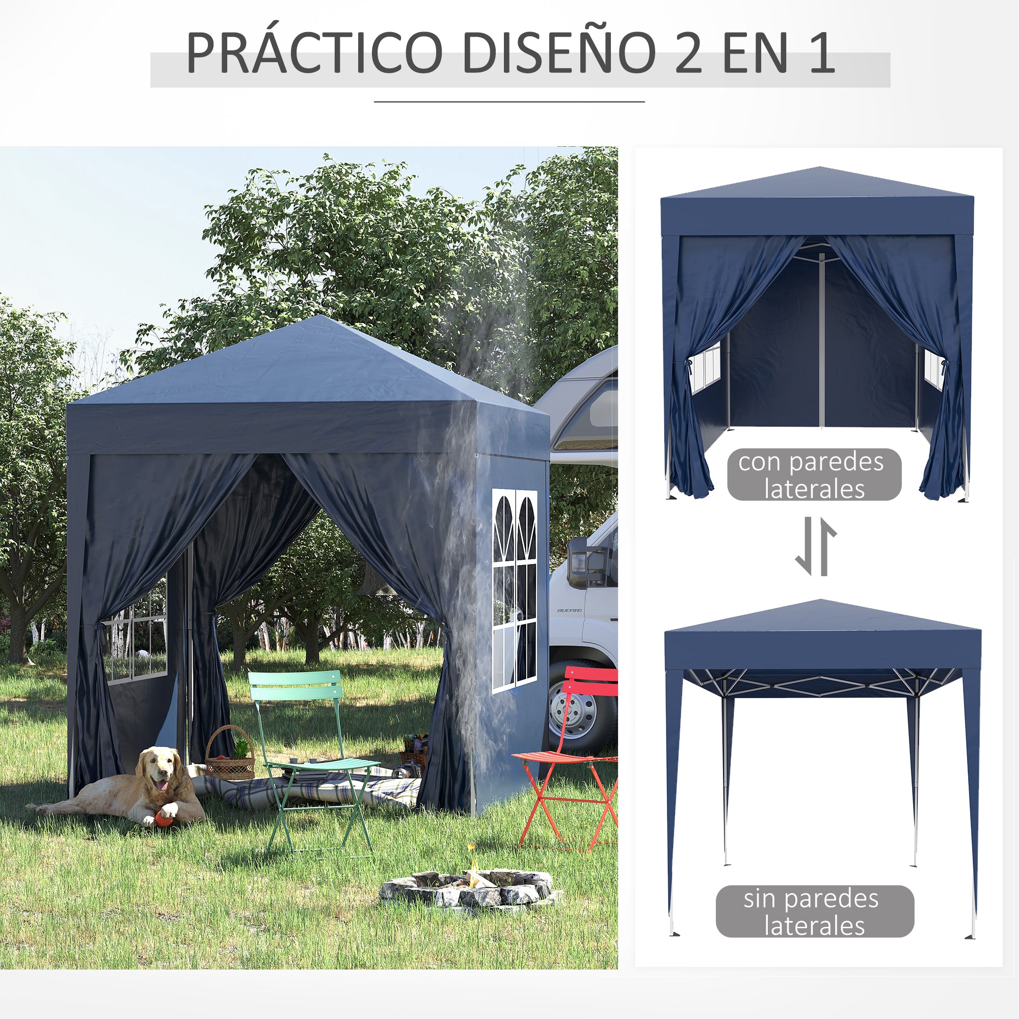 Outsunny Carpa Plegable Pop-up Gazebo 2x2 m Cenador Plegable con 4 Paredes Laterales Anti-UV y Bolsa de Transporte para Camping Fiestas Azul