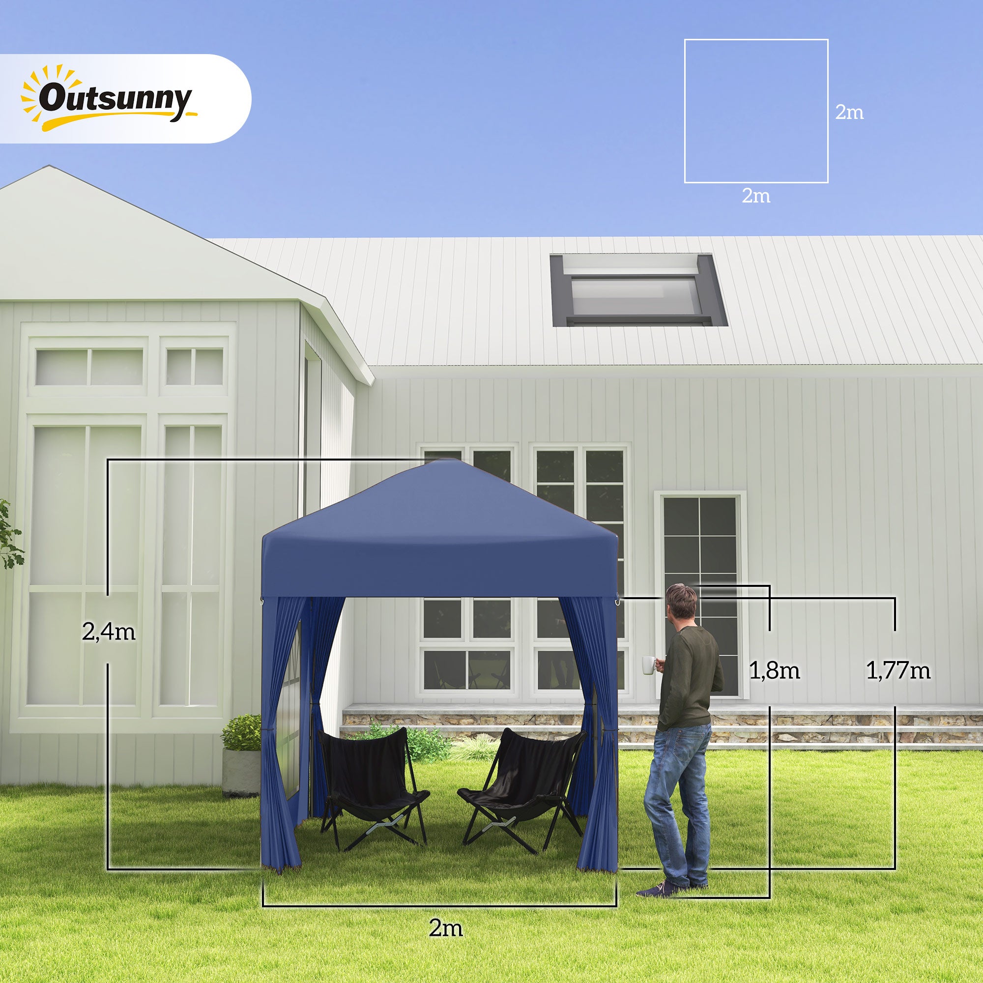 Outsunny Carpa Plegable Pop-up Gazebo 2x2 m Cenador Plegable con 4 Paredes Laterales Anti-UV y Bolsa de Transporte para Camping Fiestas Azul