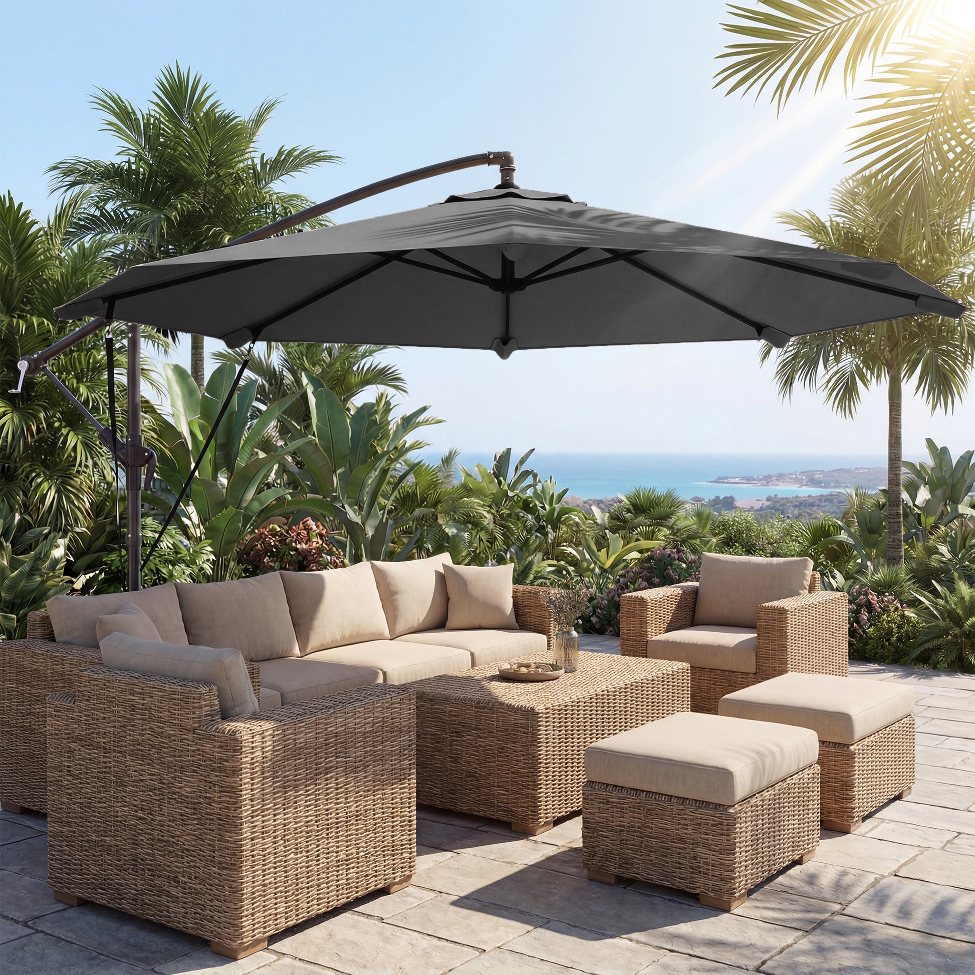 Outsunny Parasol Excéntrico, Ø300 cm, Sombrilla de Jardín con Base Cruzada, Manivela, Funda Protectora y Cuerdas de Viento, UPF30+, para Terraza, Patio, Gris Oscuro