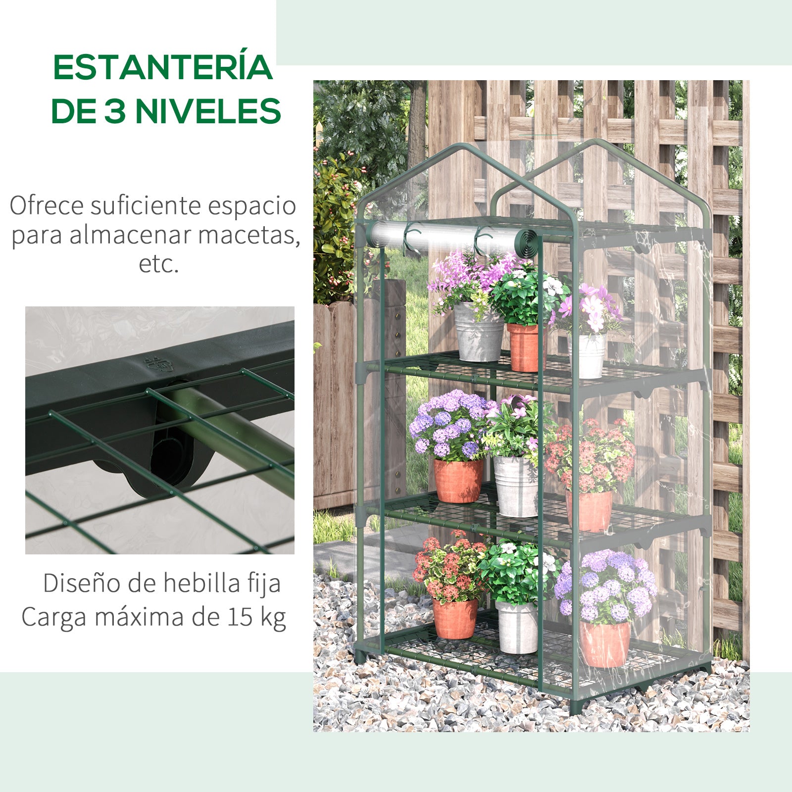 Outsunny Invernadero de Jardín de 3 Niveles Invernadero de Terraza con 3 Estantes 1 Puerta con Cremallera para Cultivo de Plantas Flores Verduras 69x49x125 cm Transparente