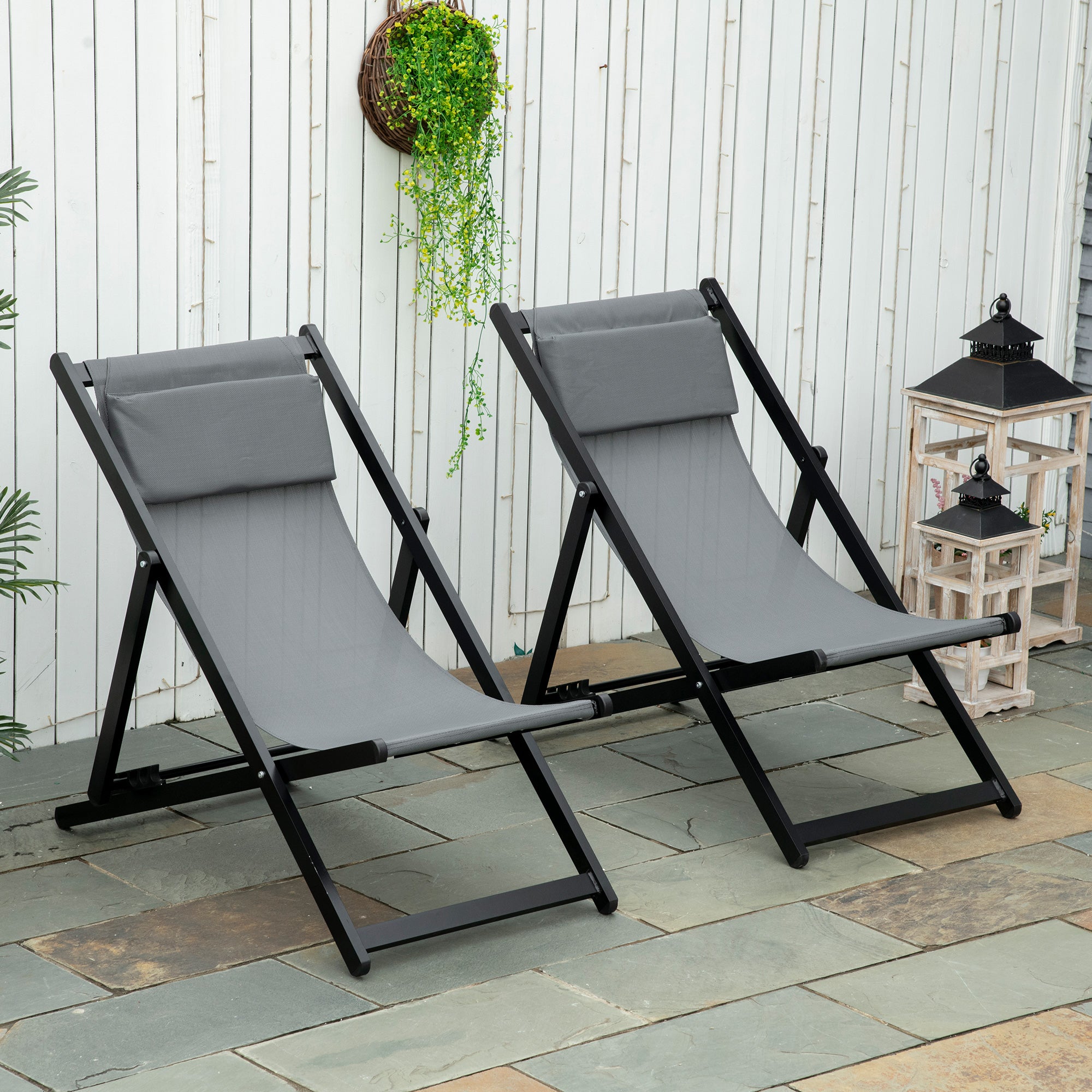 Outsunny Conjunto de 2 Tumbonas Plegables de Aluminio Tumbonas de Jardín con Respaldo Regulable en 5 Posiciones y Reposacabezas para Terraza Patio Exterior 58x96,5x91,5 cm Gris