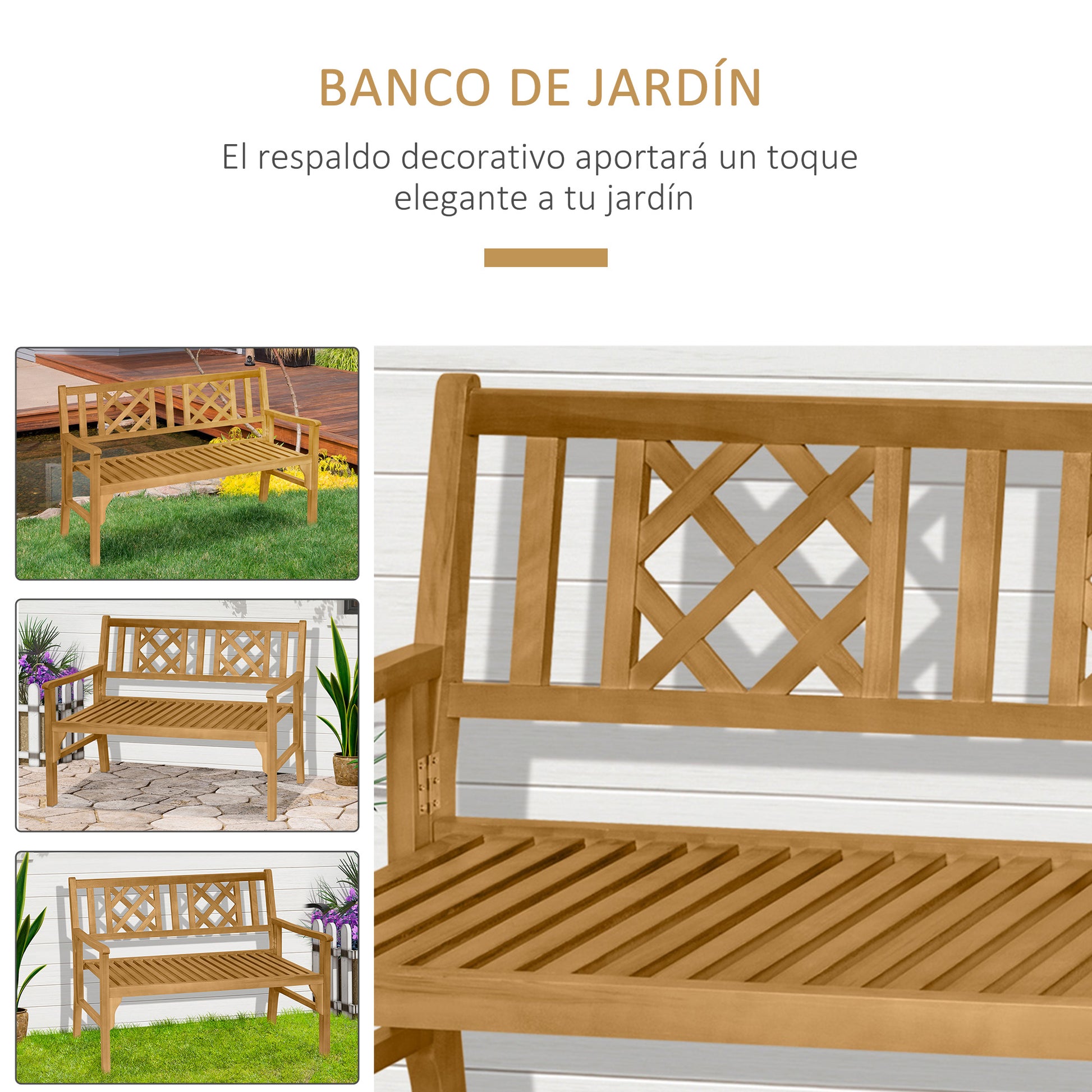 Outsunny Banco de Jardín Plegable de Madera Banco de 2 Plazas Exterior 120,5x55,5x90,2 cm con Asiento de Listones y Reposabrazos para Terraza Balcón Patio Natural