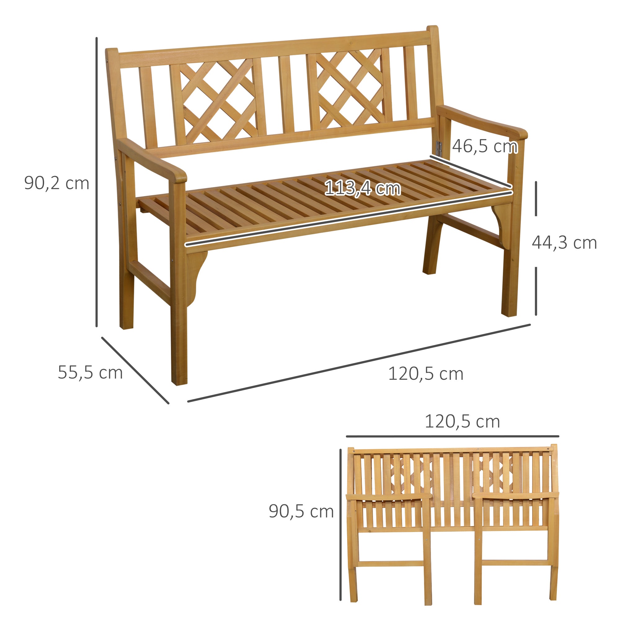 Outsunny Banco de Jardín Plegable de Madera Banco de 2 Plazas Exterior 120,5x55,5x90,2 cm con Asiento de Listones y Reposabrazos para Terraza Balcón Patio Natural