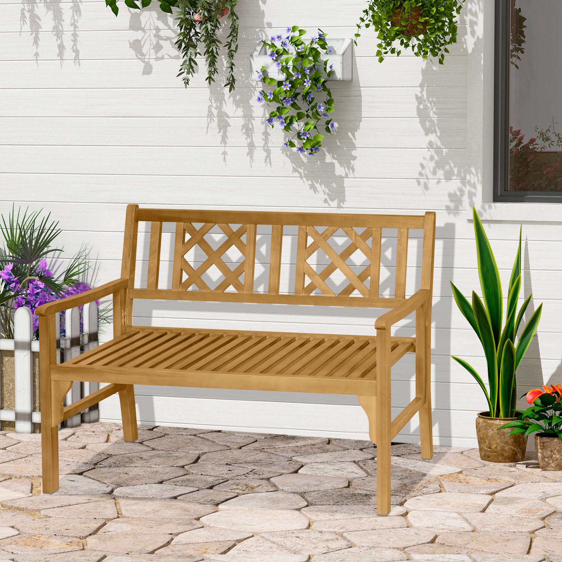 Outsunny Banco de Jardín Plegable de Madera Banco de 2 Plazas Exterior 120,5x55,5x90,2 cm con Asiento de Listones y Reposabrazos para Terraza Balcón Patio Natural