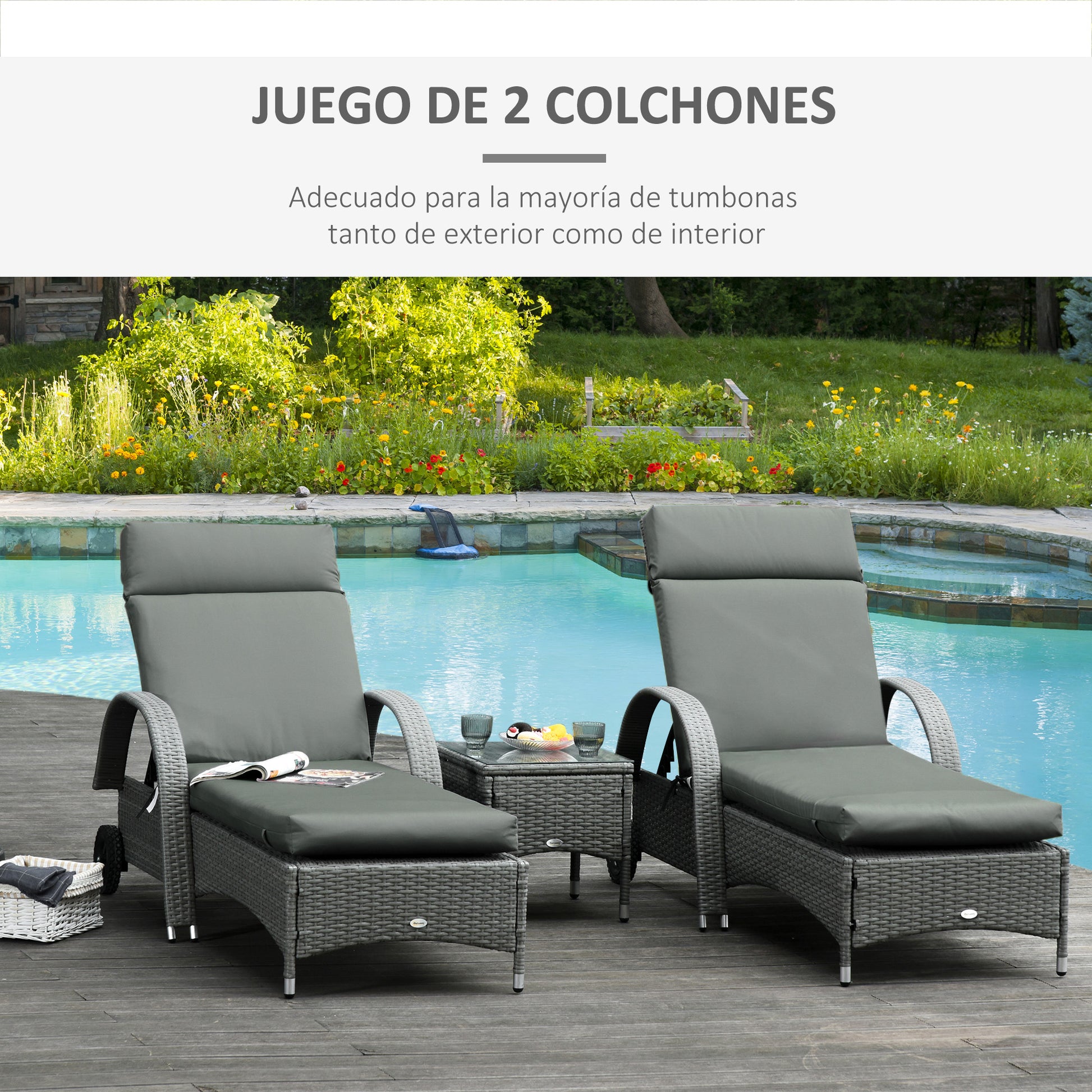 Outsunny Pack 2 Cojines para Tumbona 196x55x8 cm Colchoneta para Tumbona Acolchado Colchón para Silla de Jardín Terraza Balcón Gris