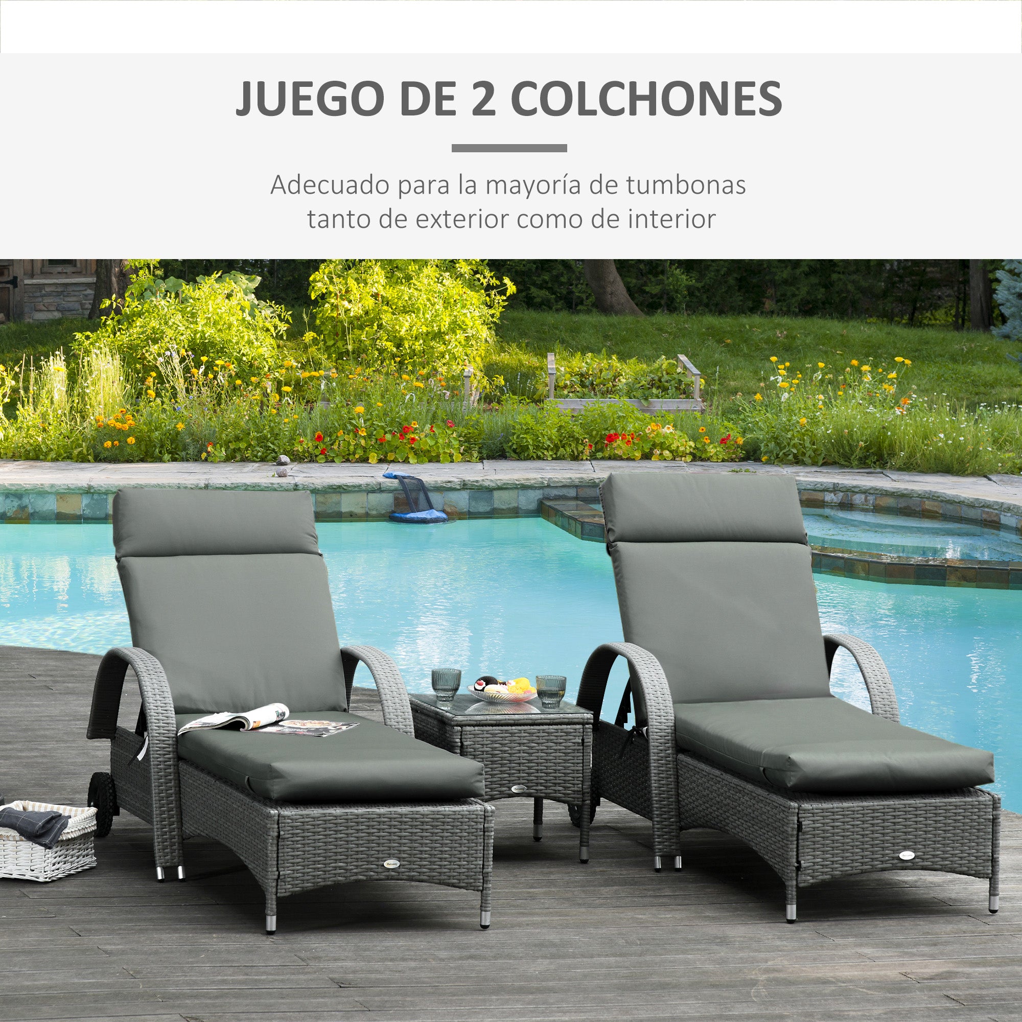 Outsunny Pack 2 Cojines para Tumbona 196x55x8 cm Colchoneta para Tumbona Acolchado Colchón para Silla de Jardín Terraza Balcón Gris