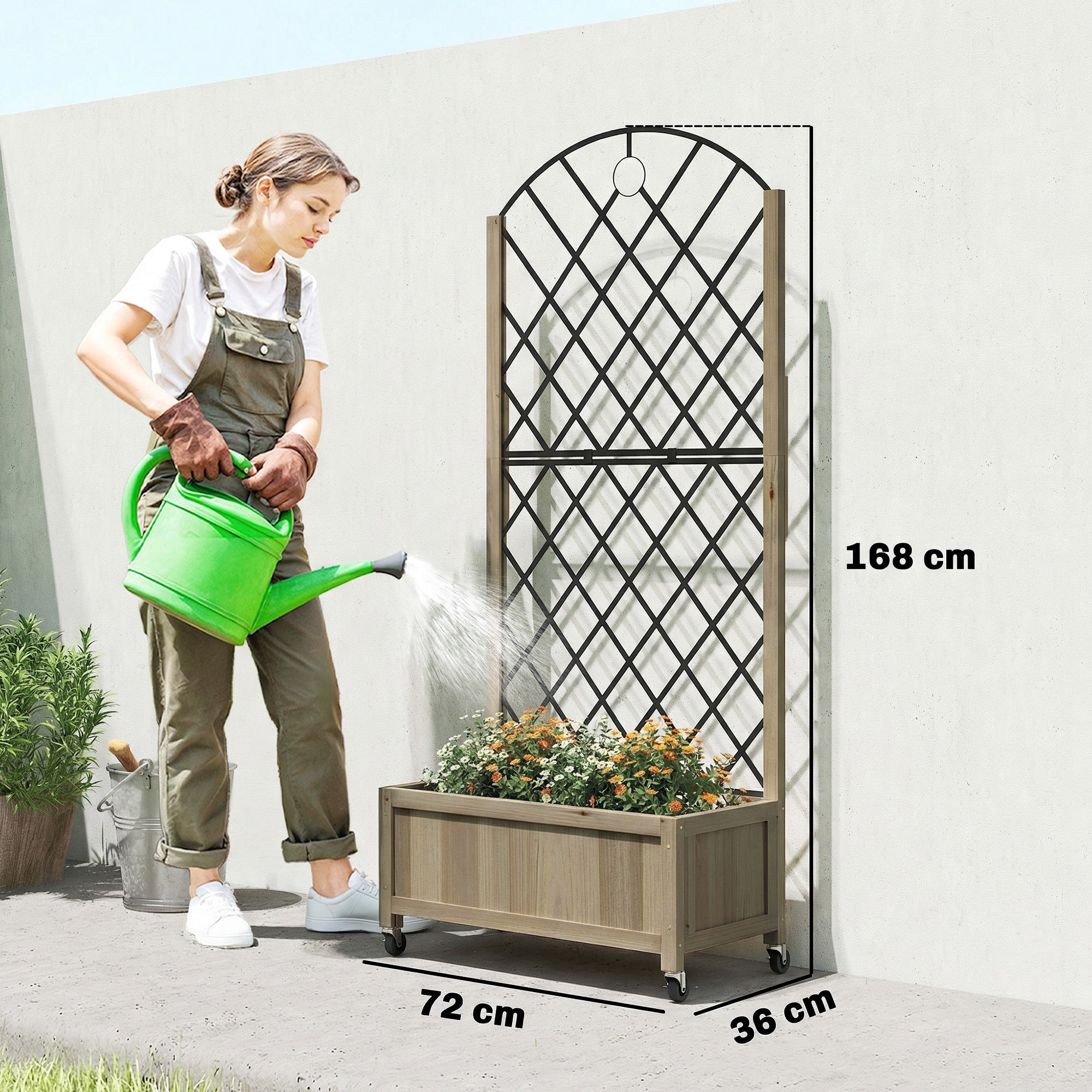 Outsunny Jardinera de Madera con Enrejado Metálico y Ruedas, Jardinera Exterior Grande para Plantas Trepadoras, Macetero Elevado para Patio, Terraza, 72x36x168 cm, Carbonizado