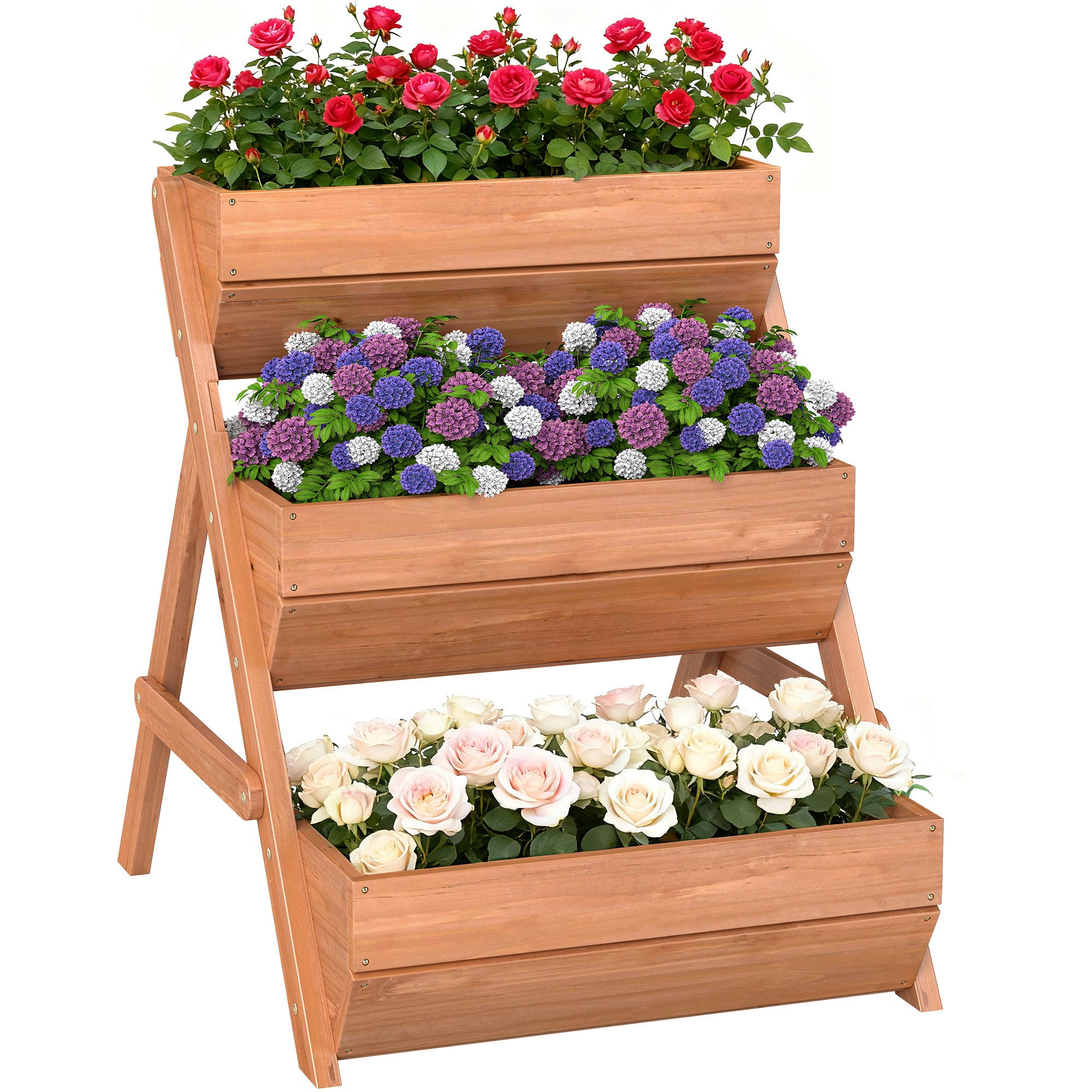 Outsunny Jardinera de Madera de 3 Niveles, Jardinera Elevada Exterior con Orificios de Drenaje, Macetero para Cultivos de Plantas, Flores, para Terraza, Jardín, 65x75x76 cm, Marrón