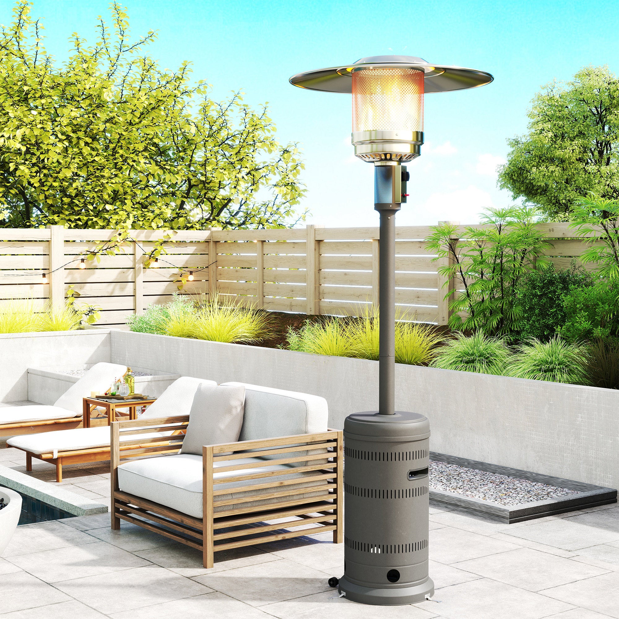 Outsunny Estufa de Gas Butano, 13000W, Calefactor de Exterior a Gas Portátil con Temperatura Ajustable, Protección contra Vuelcos, Encendido Piezoeléctrico y Ruedas, para Butano y Propano, 7 m², Gris