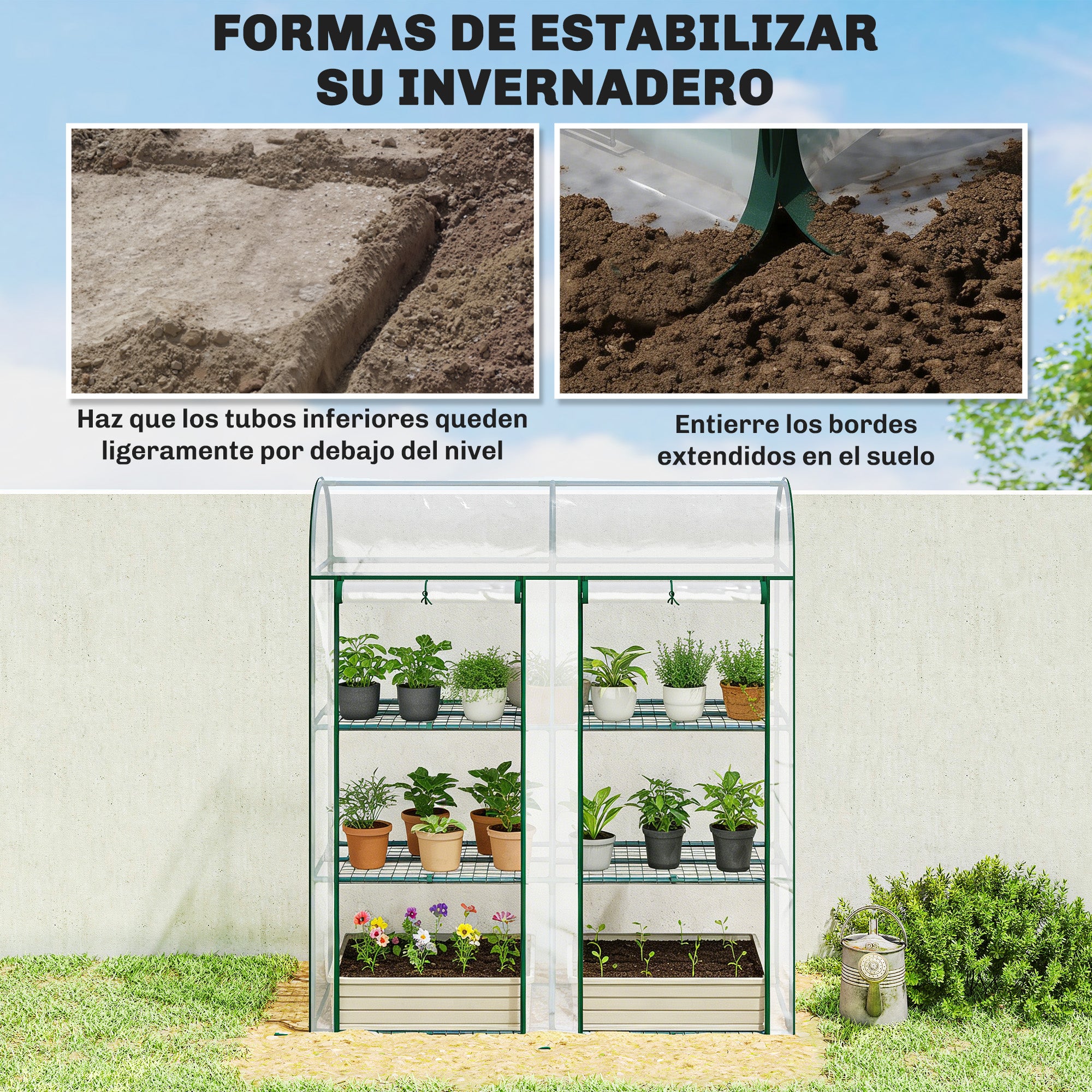 Outsunny Invernadero Pequeño de 3 Niveles, Invernadero de Exterior con 2 Puertas Enrollables, Marco de Acero y Cubierta de Plástico Anti-UV para Cultivar Plantas, Flores, 143x46x164 cm, Transparente