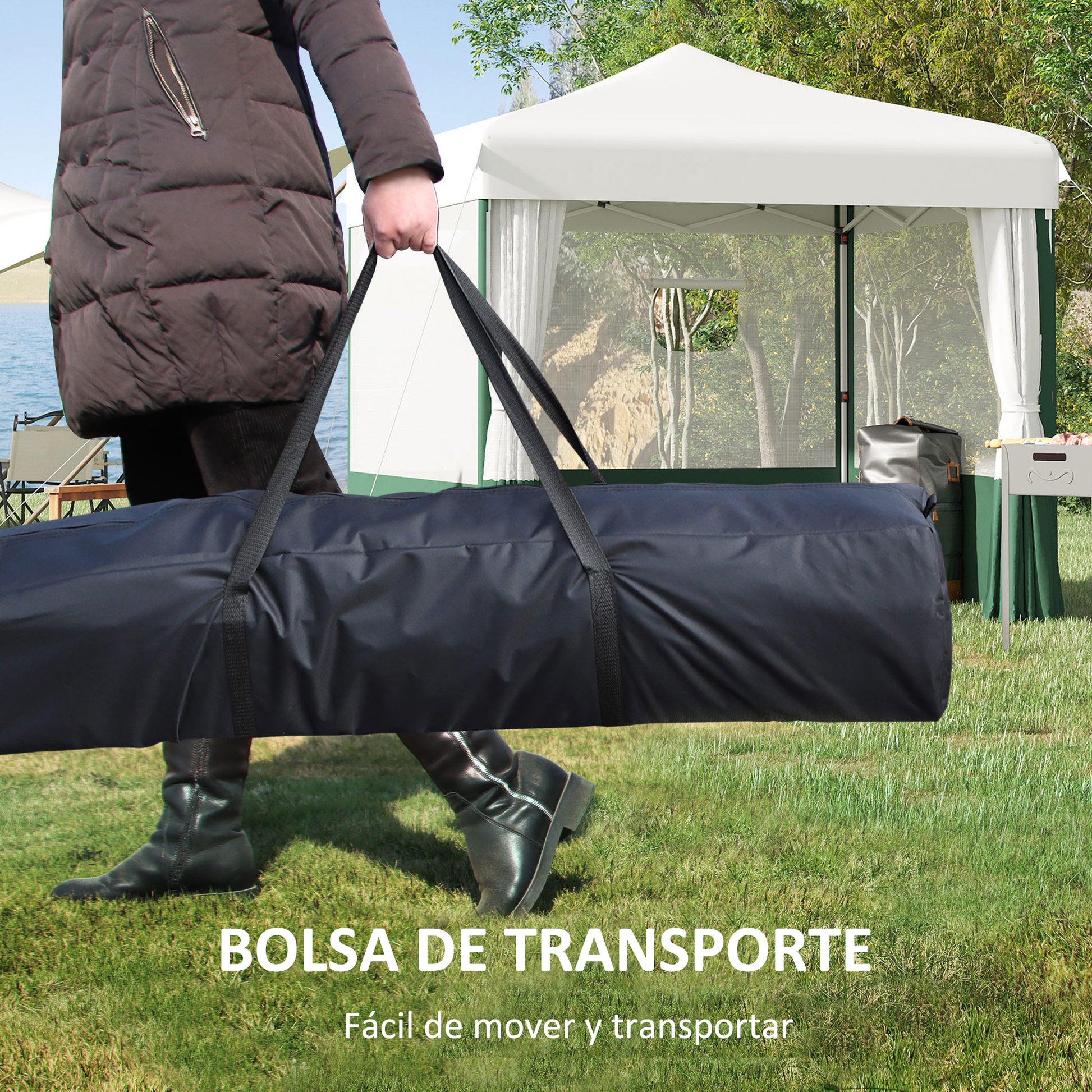 Outsunny Carpa Plegable 3x3 m Cenador de Jardín con Paredes Laterales Altura Ajustable Anti-UV Impermeable 2 Ventanas y Bolsa de Transporte Gazebo para Exterior Fiestas Blanco y Verde