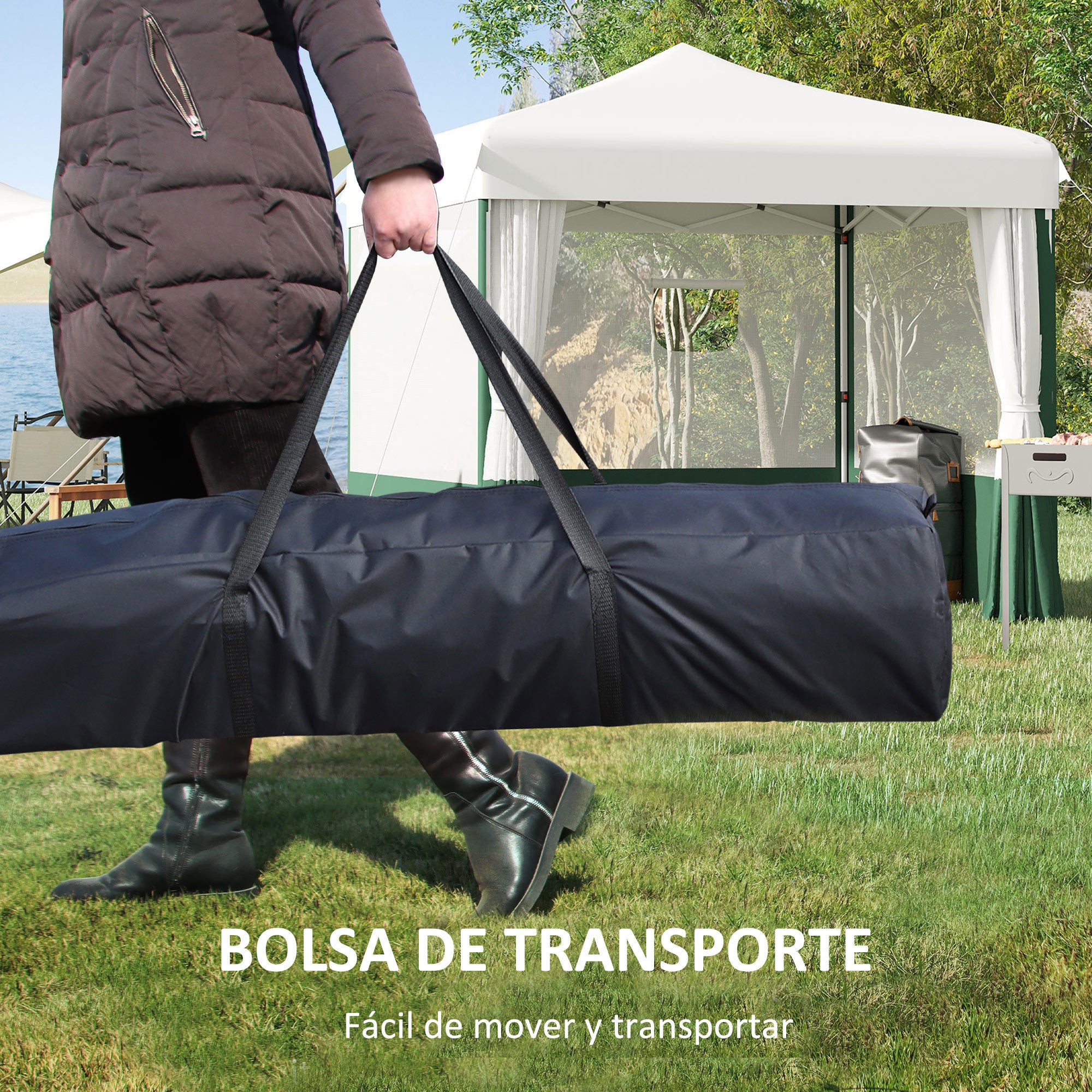 Outsunny Carpa Plegable 3x3 m Cenador de Jardín con Paredes Laterales Altura Ajustable Anti-UV Impermeable 2 Ventanas y Bolsa de Transporte Gazebo para Exterior Fiestas Blanco y Verde