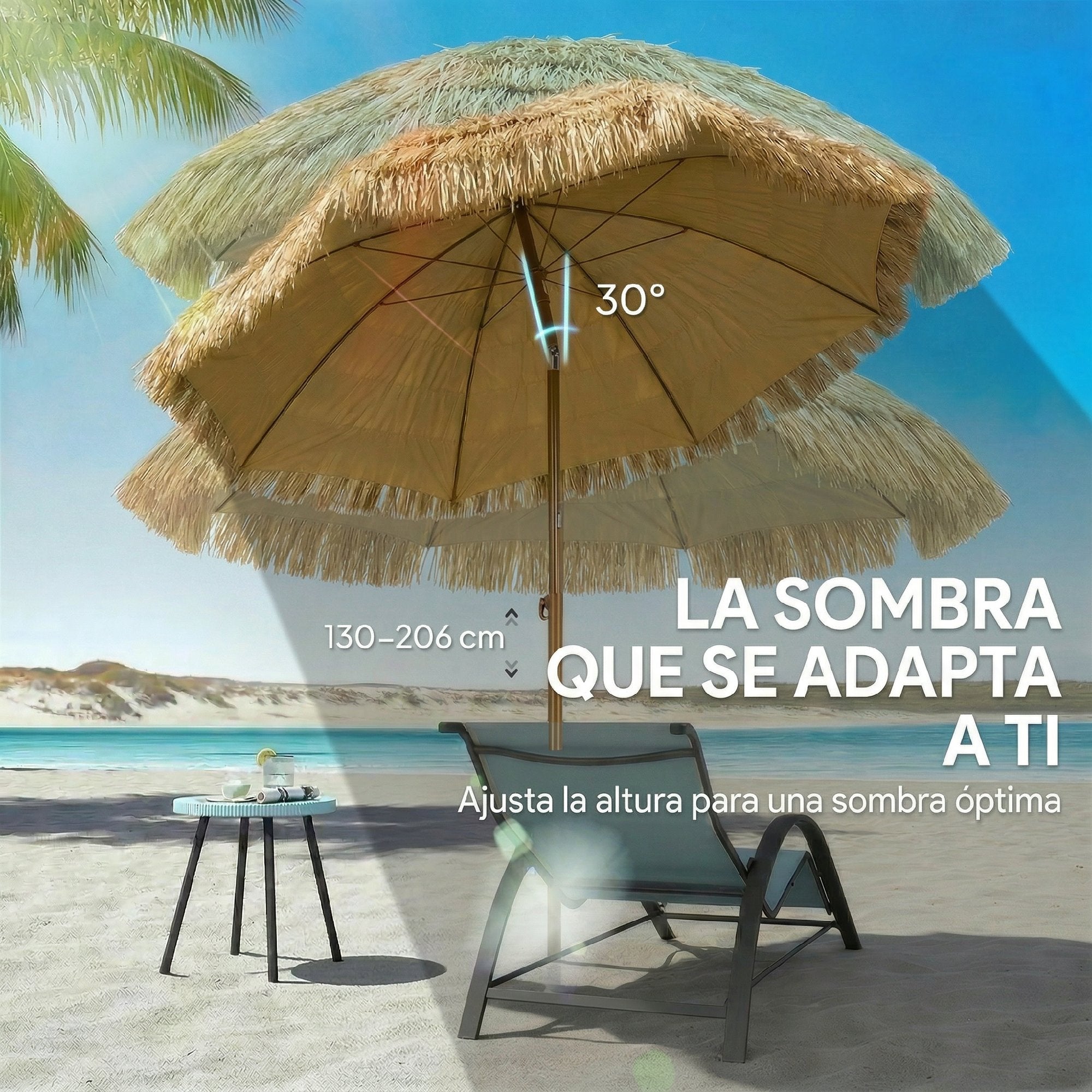 Outsunny Sombrilla de Playa con Flecos de Paja Ø178 cm, Sombrilla de Terraza Exterior con Inclinación, Altura Ajustable, UV50+, Bolsa de Transporte, Anclaje de Arena, Marrón Claro