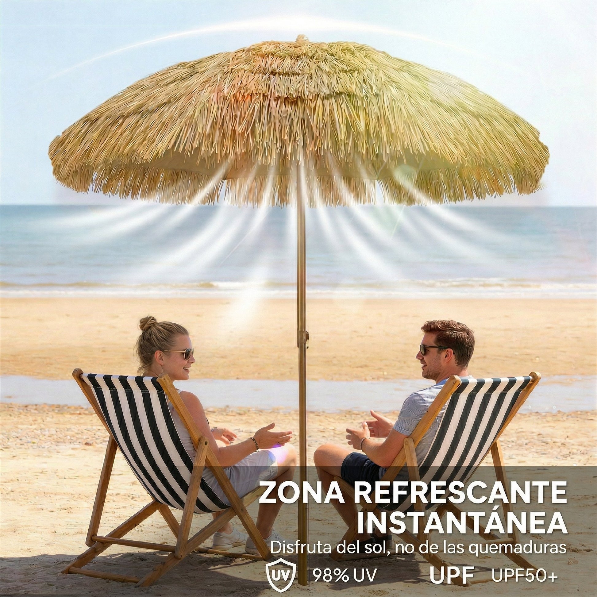 Outsunny Sombrilla de Playa con Flecos de Paja Ø178 cm, Sombrilla de Terraza Exterior con Inclinación, Altura Ajustable, UV50+, Bolsa de Transporte, Anclaje de Arena, Marrón Claro