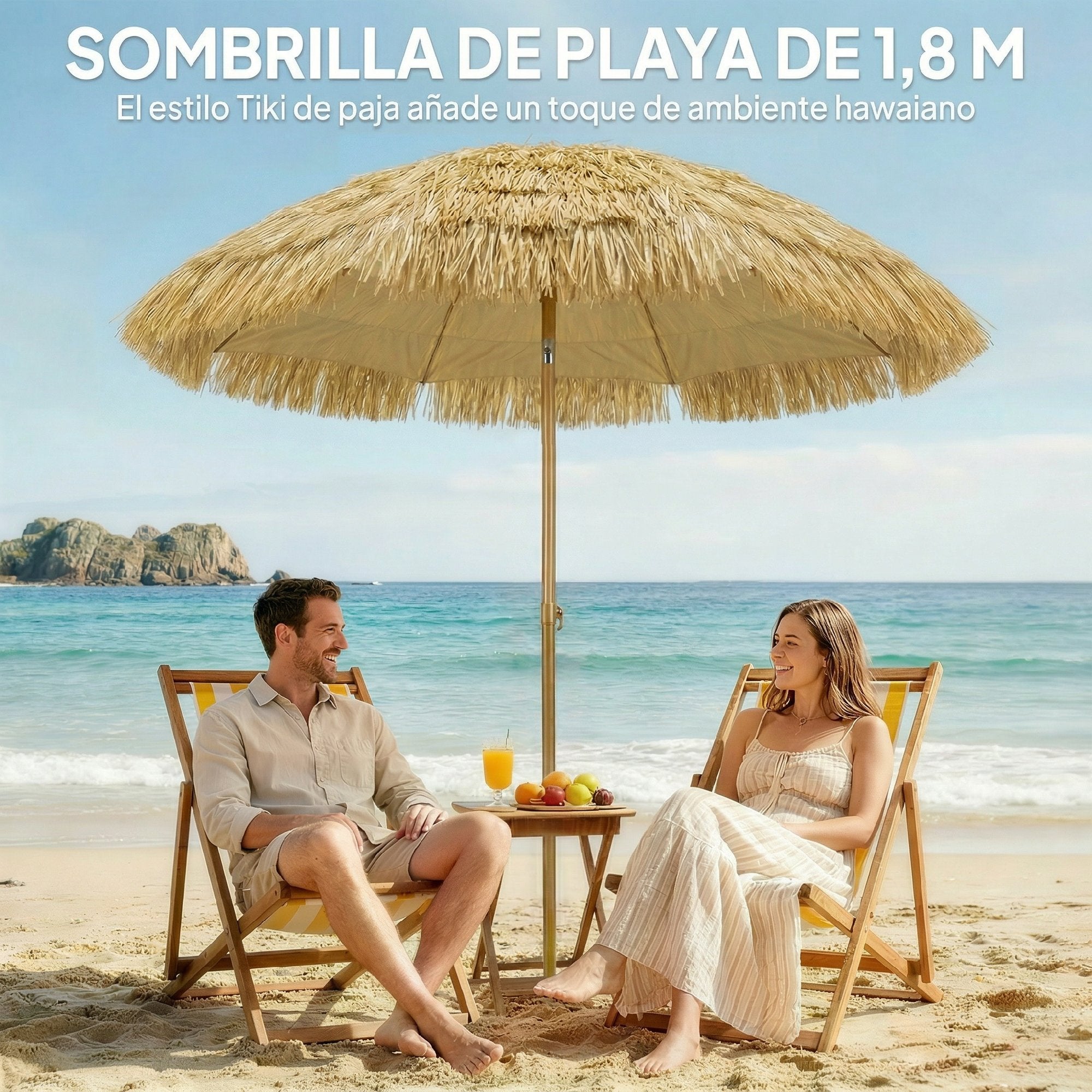 Outsunny Sombrilla de Playa con Flecos de Paja Ø178 cm, Sombrilla de Terraza Exterior con Inclinación, Altura Ajustable, UV50+, Bolsa de Transporte, Anclaje de Arena, Marrón Claro